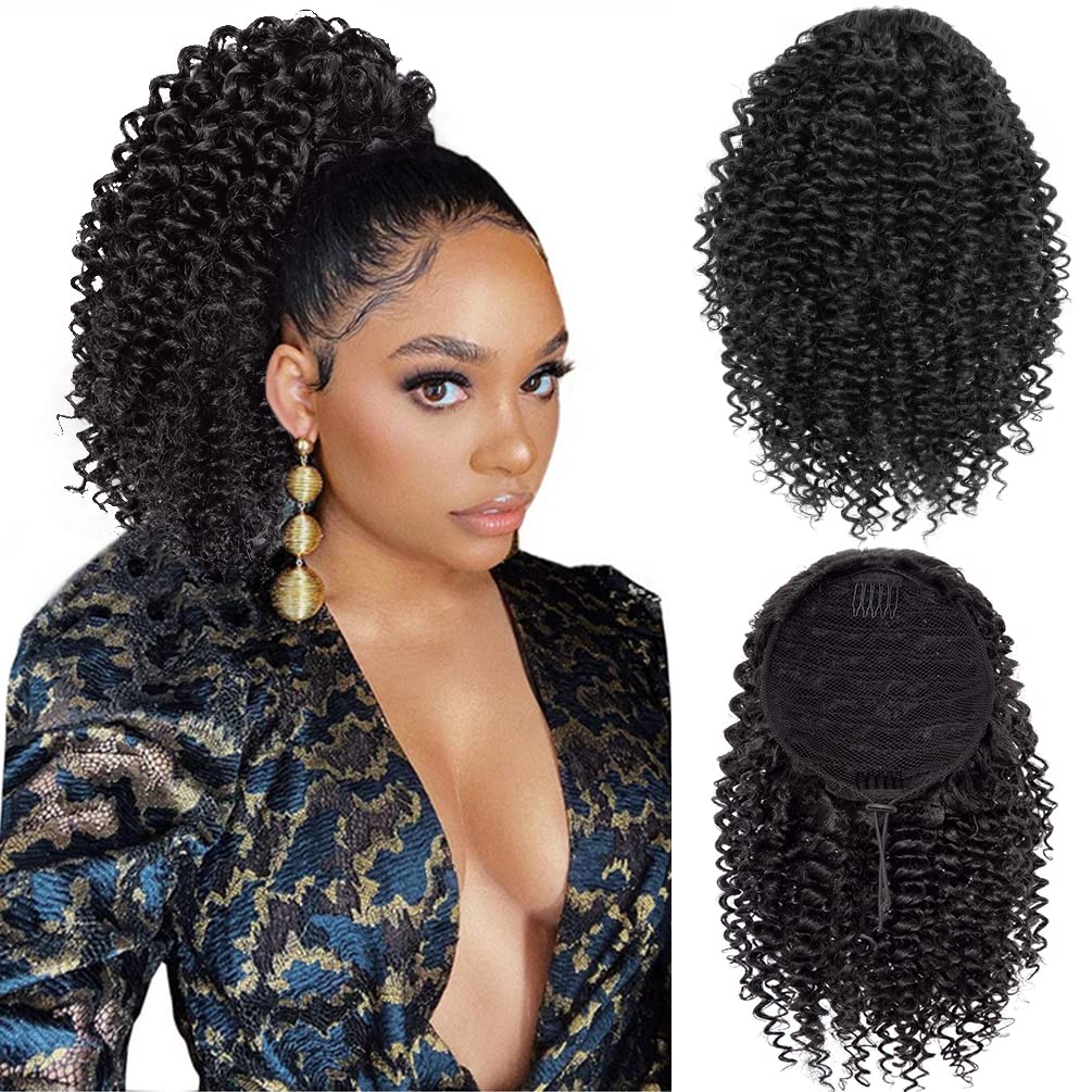 Extensión de cola de caballo corta y rizada para mujeres negras, 10 pulgadas, color marrón oscuro, con cordón y dos clips, cola de caballo sintética