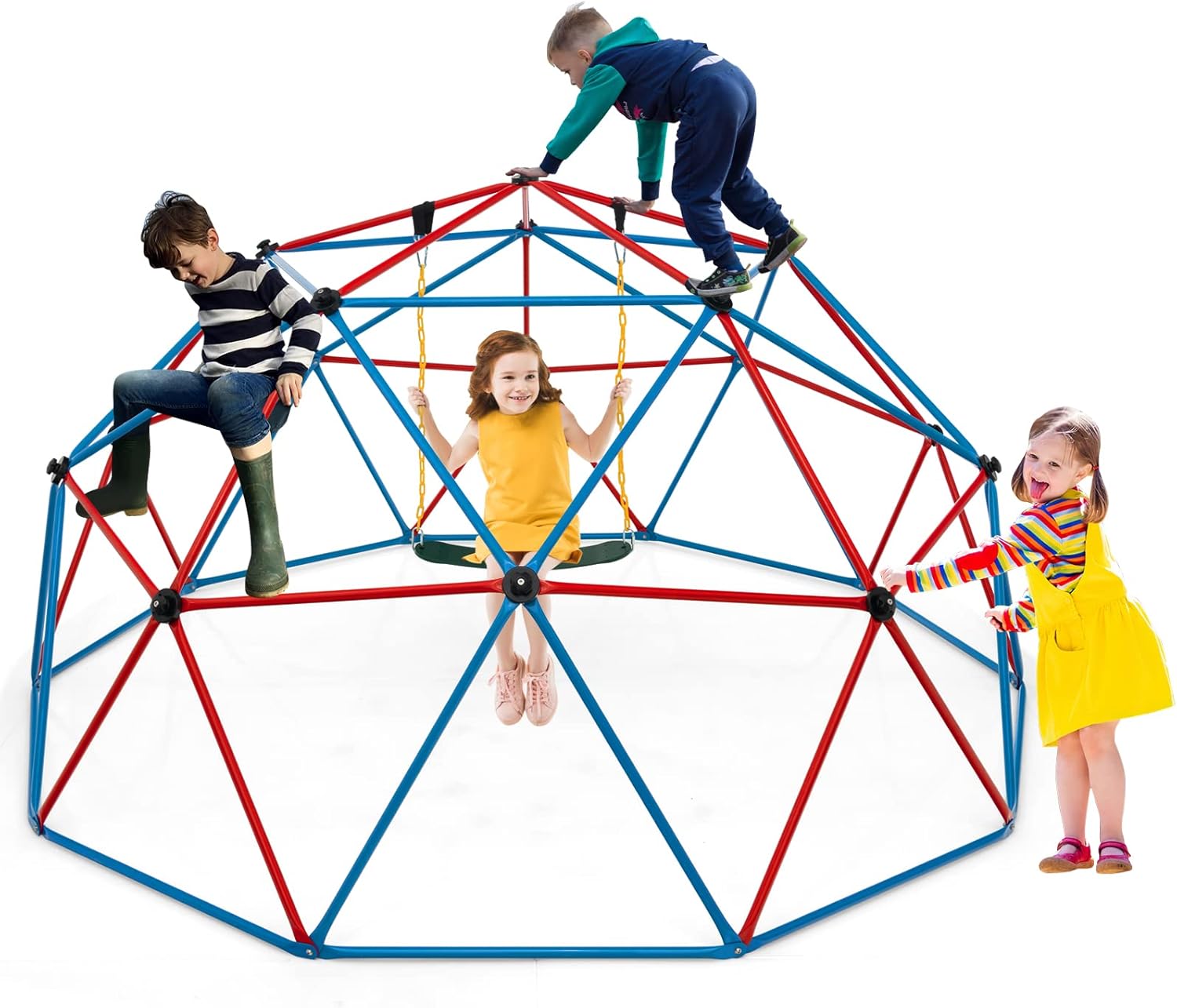 HONEY JOY Cúpula de escalada de 10 pies con columpio, barra de mono mejorada para patio trasero, juguetes de escalada al aire libre para niños