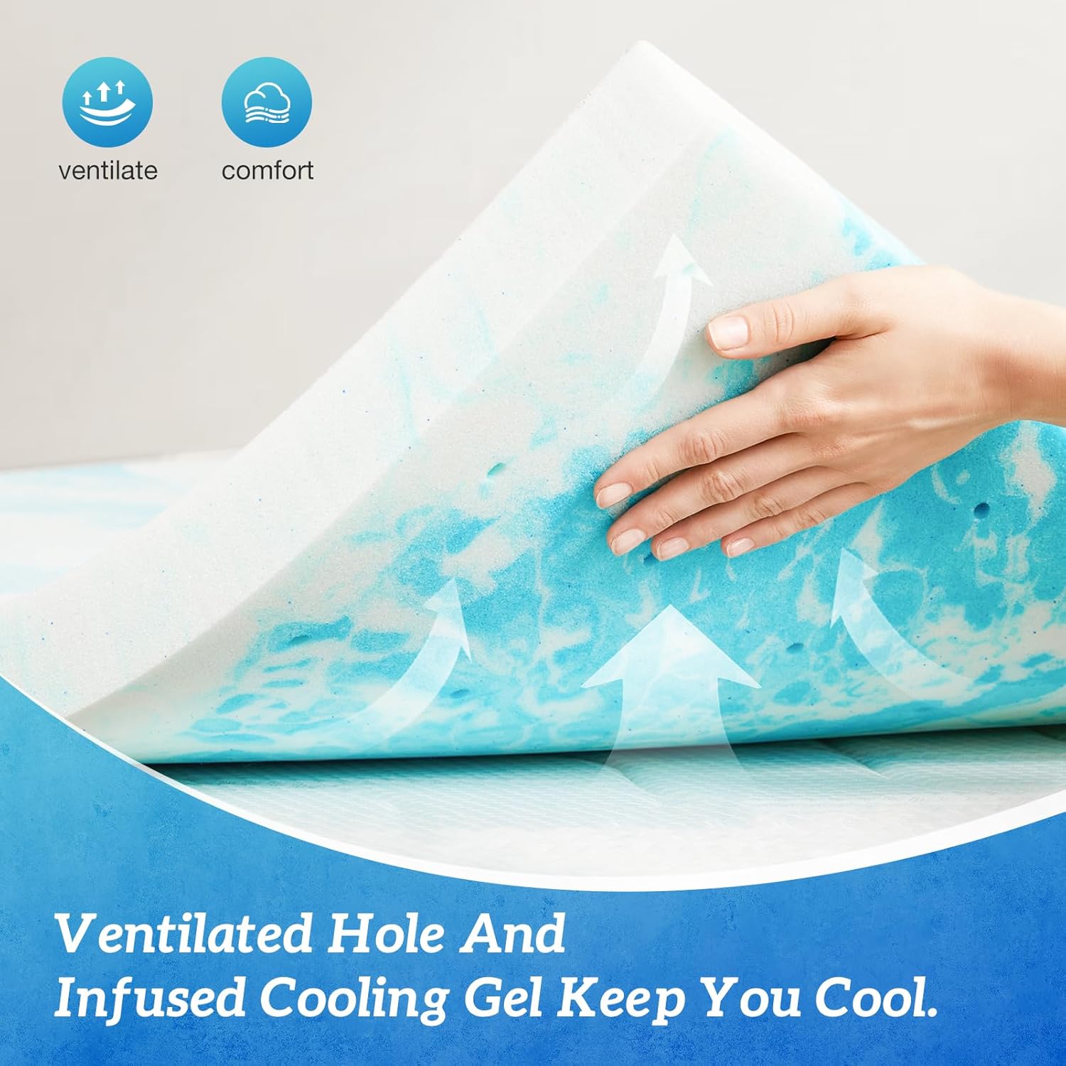 Cubrecolchón de espuma viscoelástica de 3 pulgadas con infusión de remolinos de gel refrescante para el dolor de espalda, se ajusta al cuerpo y
