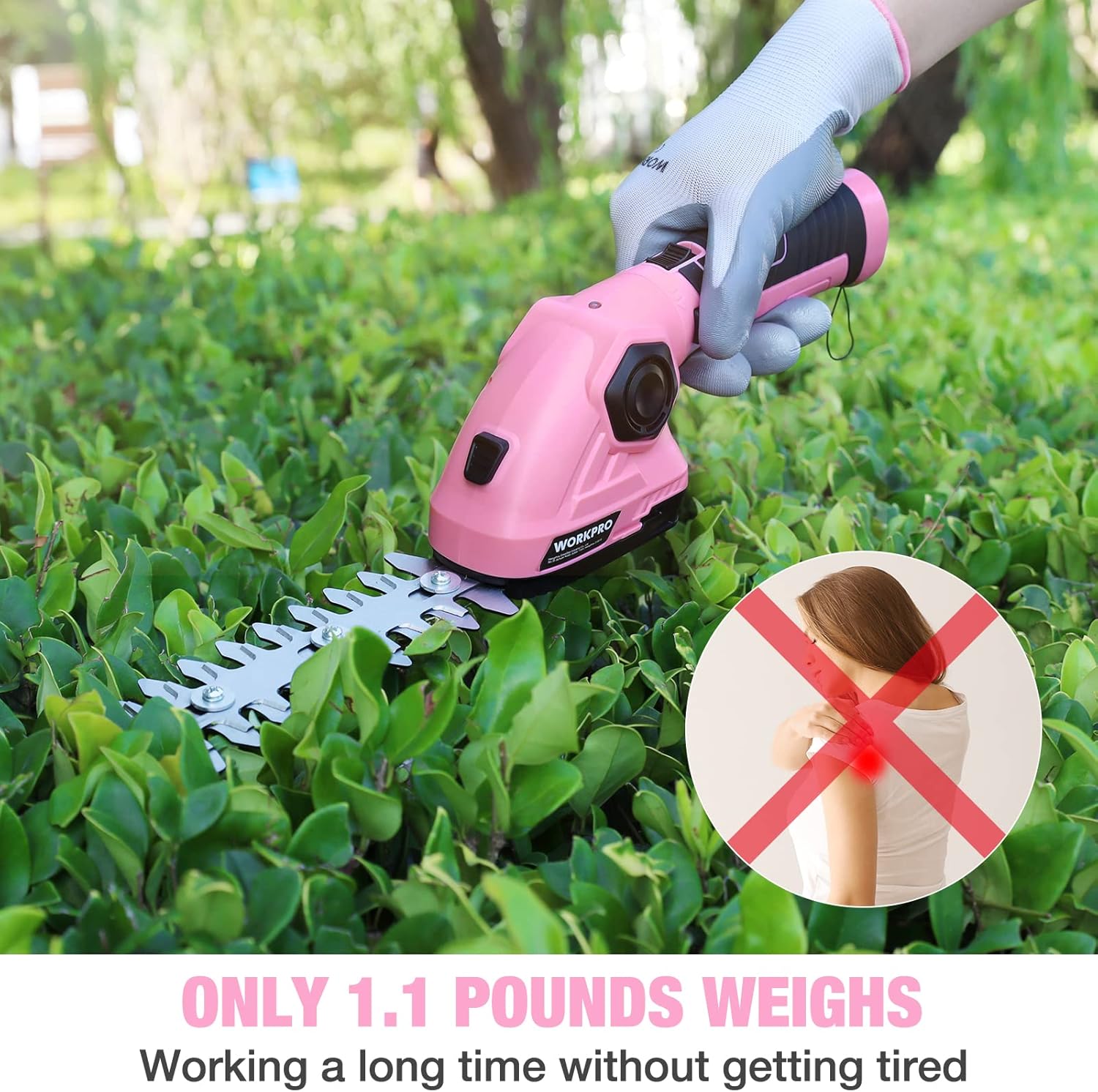 WORKPRO Pink Cordless Grass Shear & Shrubbery Trimmer – 2 in 1 Handheld Hedge Trimmer 7.2V Electric Grass Trimmer Hedge ShearsGrass Cutter 2.0Ah