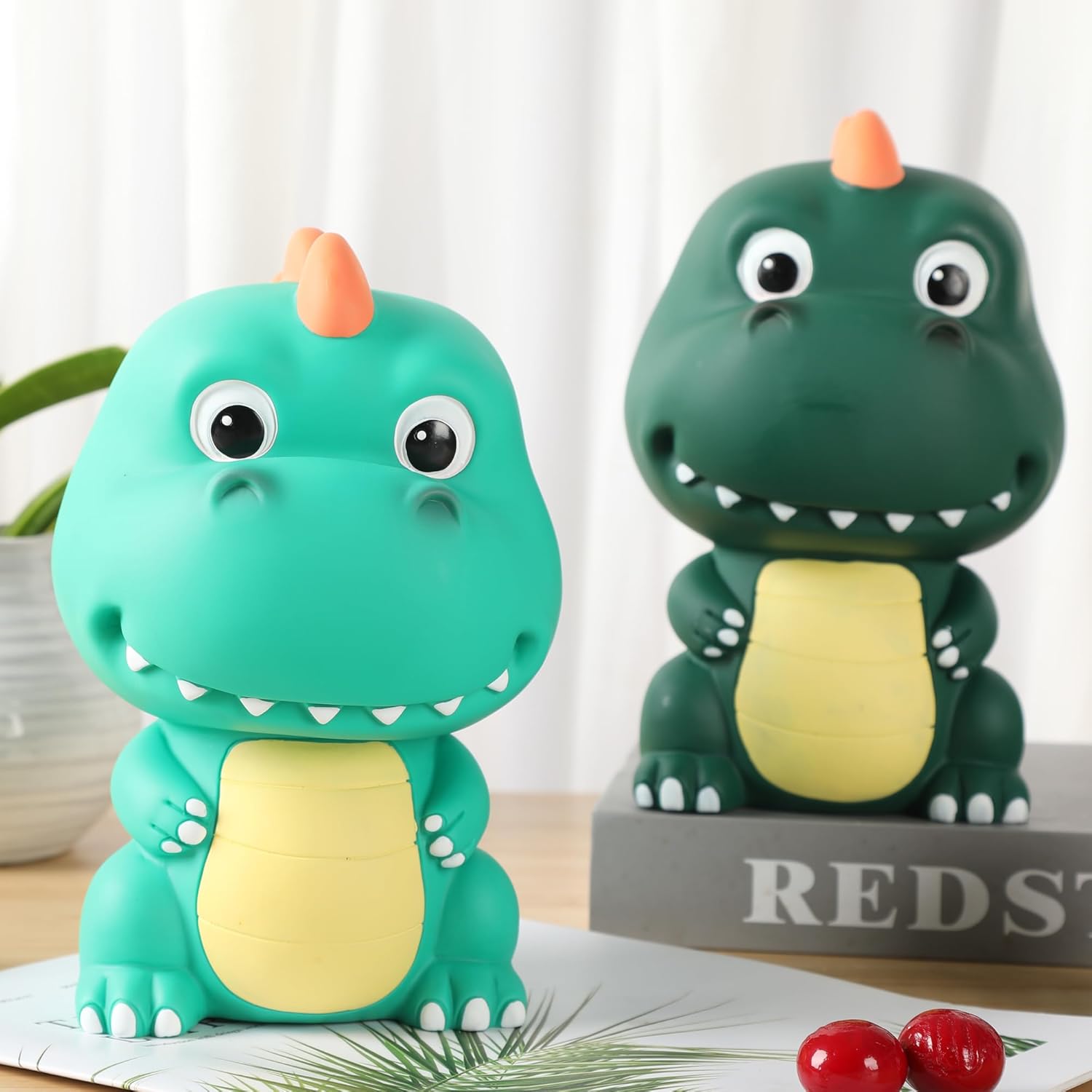H&W Banco de dinero de dinosaurio con bonita cabeza grande, alcancía de tiranosaurio Rex inastillable, primer banco de monedas, el mejor cumpleaños