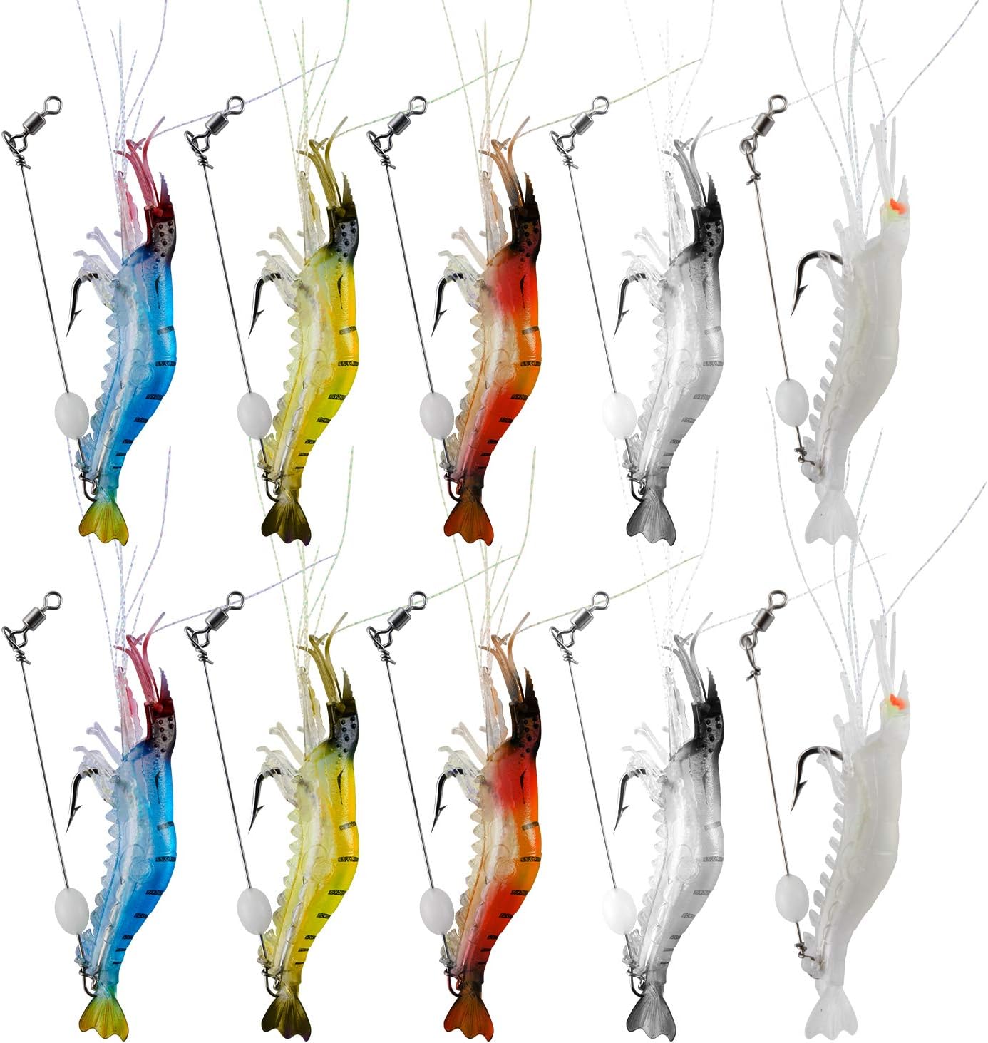 WANBY Señuelos de pesca para camarones de silicona artificial, set de cebo suave luminoso Swimbait Señuelo de pesca con ganchos, aparejos de pesca