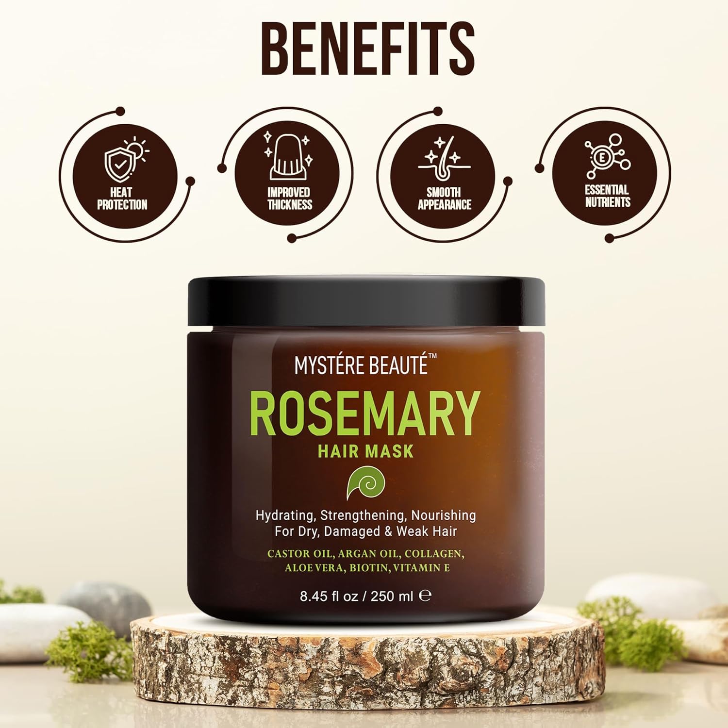 MYSTÉRE BEAUTÉ Romero – Mascarilla para el cabello dañado con colágeno, biotina, aceite de argán, acondicionador profundo fortalecedor para cabello