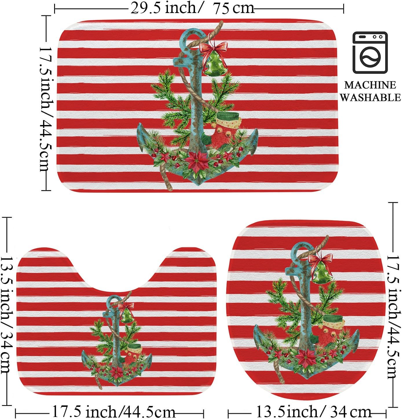 Juego de 3 alfombras de baño rojas de Navidad con alfombra de contorno antideslizante + cubierta de tapa de inodoro oblonga + alfombra de baño