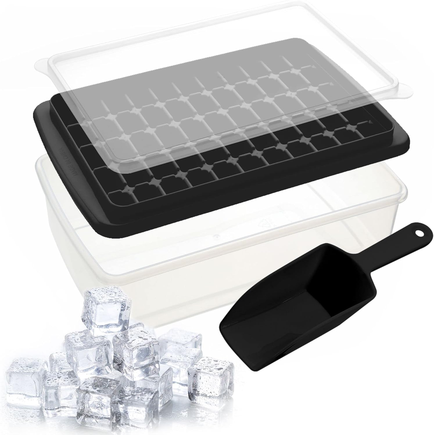 Yoove Juego de bandejas de silicona para cubitos de hielo, incluye tapa antiderrames, cubo con tapa y cuchara, sin BPA, fácil de liberar, bandeja de