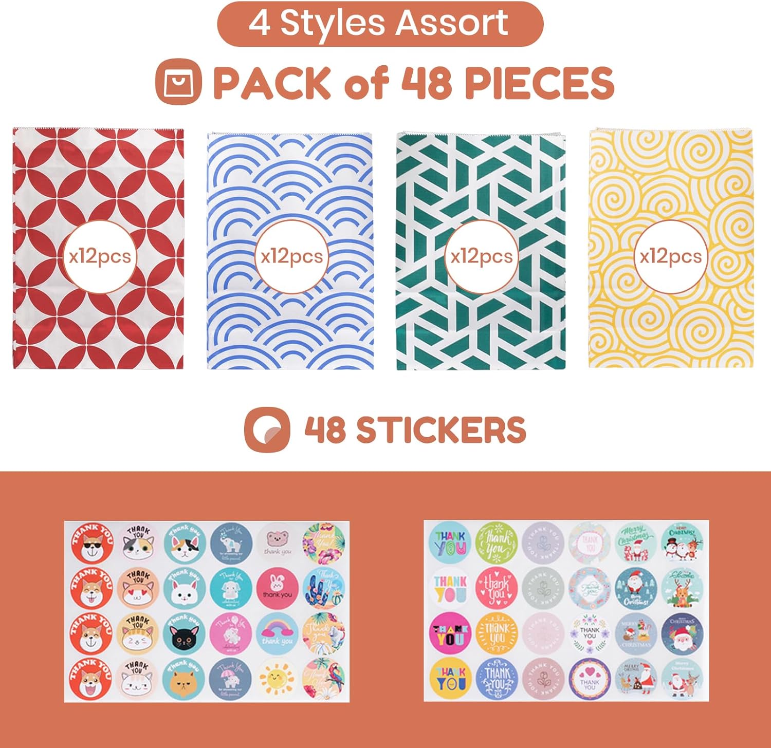 Juego de bolsas de papel de colores surtidos 48 bolsas de regalo en tamaño óptimo 6.7 x 3.2 x 9.4 pulgadas con 48 calcomanías, bolsas de comida para
