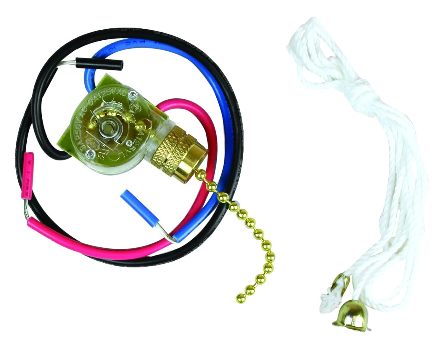 Jandorf 60305 Interruptor de cadena de luz de ventilador de 3 vías 3 terminales de cable cadena de latón, 1 unidad (paquete de 1)