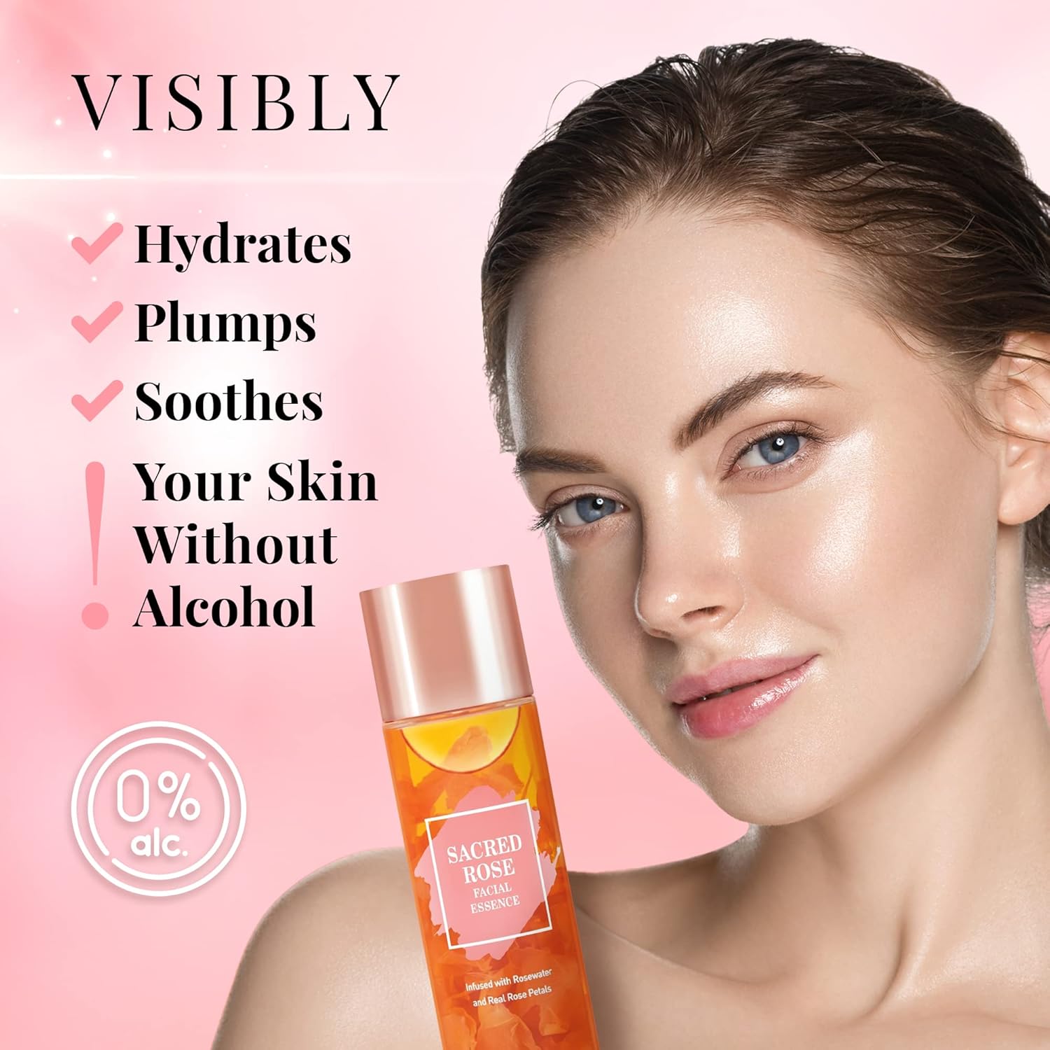 K BEAUTY SACRED ROSE FACIAL ESSENCE – Suero iluminador facial infundido con agua de rosas y 6 tipos de suero de ácido hialurónico para la cara que