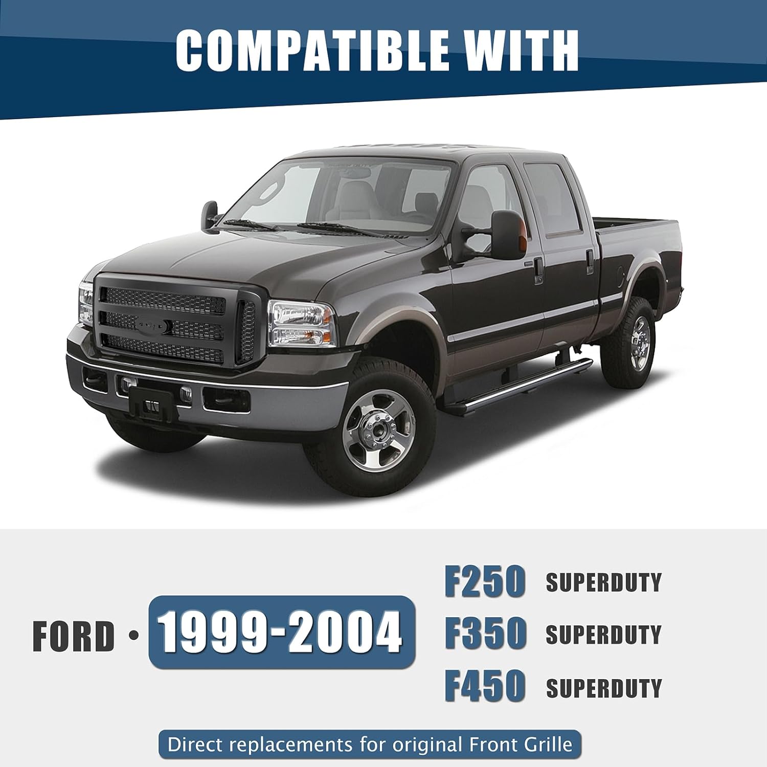 ECOTRIC Nueva parrilla delantera compatible con Ford F250 F350 Super Duty Excursion Black Grille Style 1999 2000 2001 2002 2003 2004