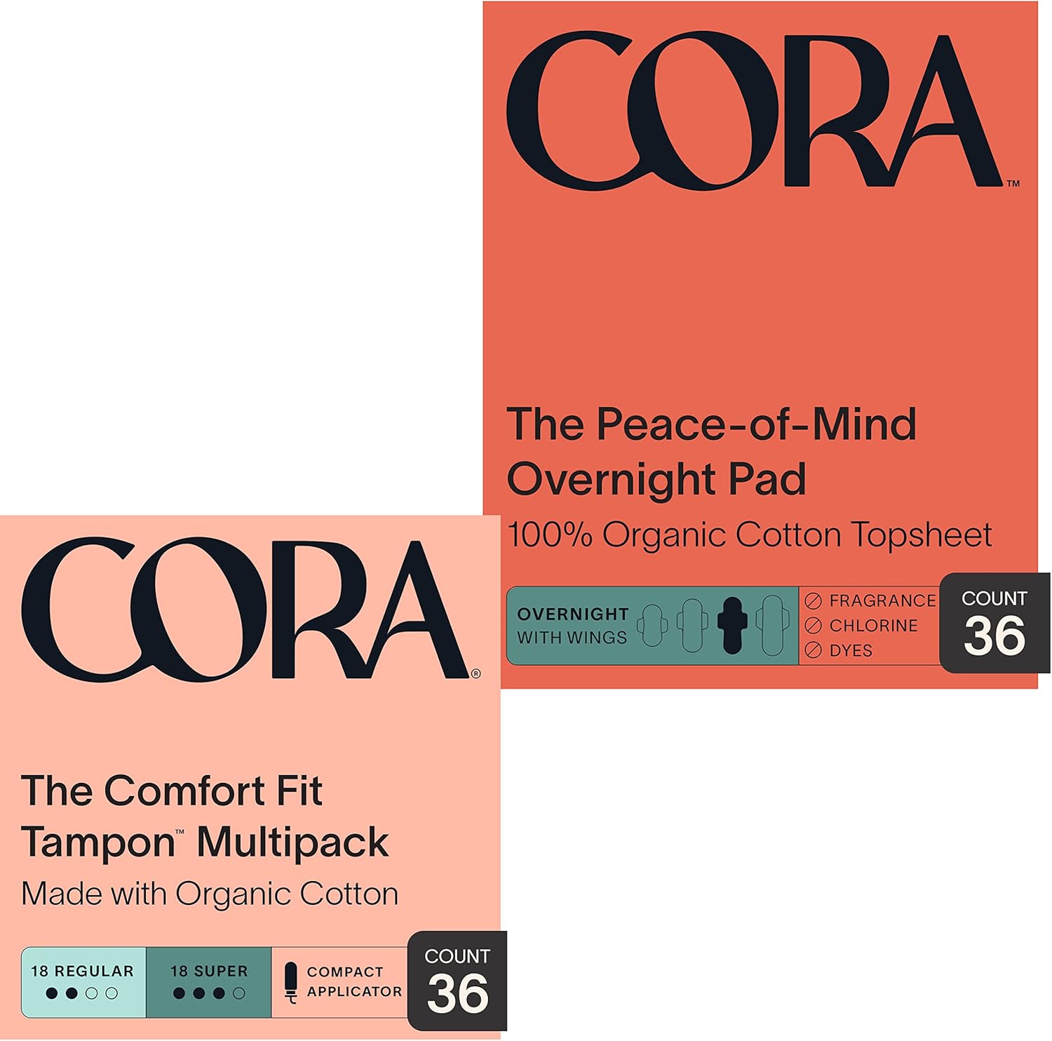 Cora Tampones sin perfume de algodón orgánico (36 unidades) + almohadillas para el período nocturno (36 unidades)