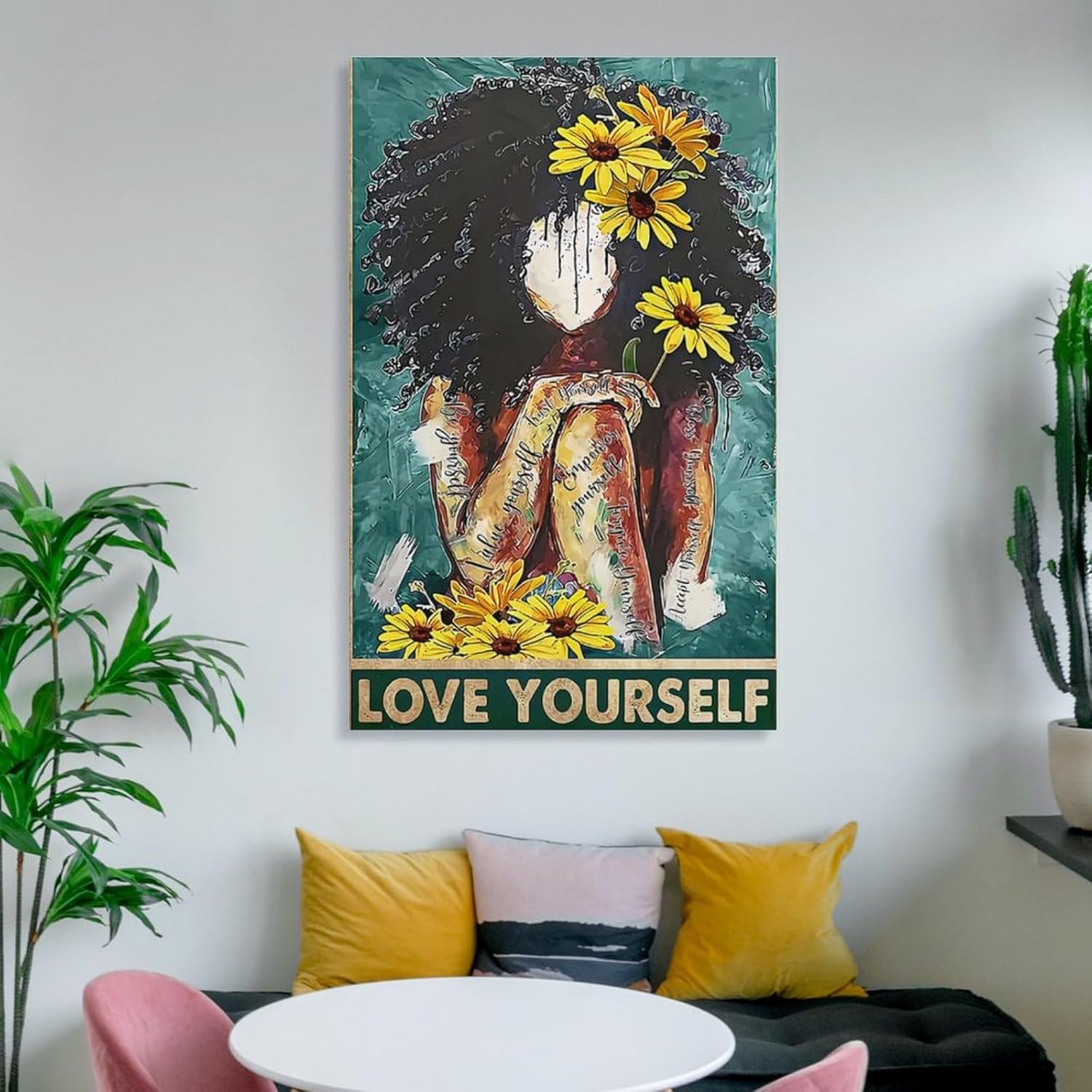 DAXXIN Póster de Love Yourself Value Your Self Black Girl with Girasol, arte de chica afro, mujeres negras, S lienzo para decoración de pared, para