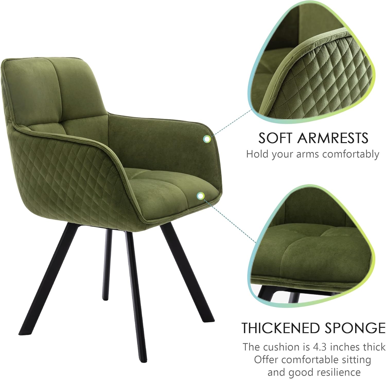 Scingu Olive Green Cozy Desk Chair, Velvet Office Desk Armchair, Comfy Upholstered Task Chair Stationary Non Rolling with Mid Back, Swivel Comfy