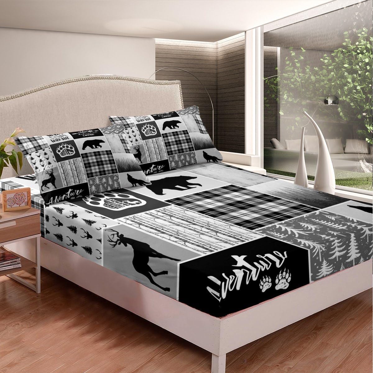 Juego de sábanas de oso de ciervo, pinos tamaño King, para decoración de habitación de niños, niñas y adultos, juego de sábanas de 4 piezas (sábana