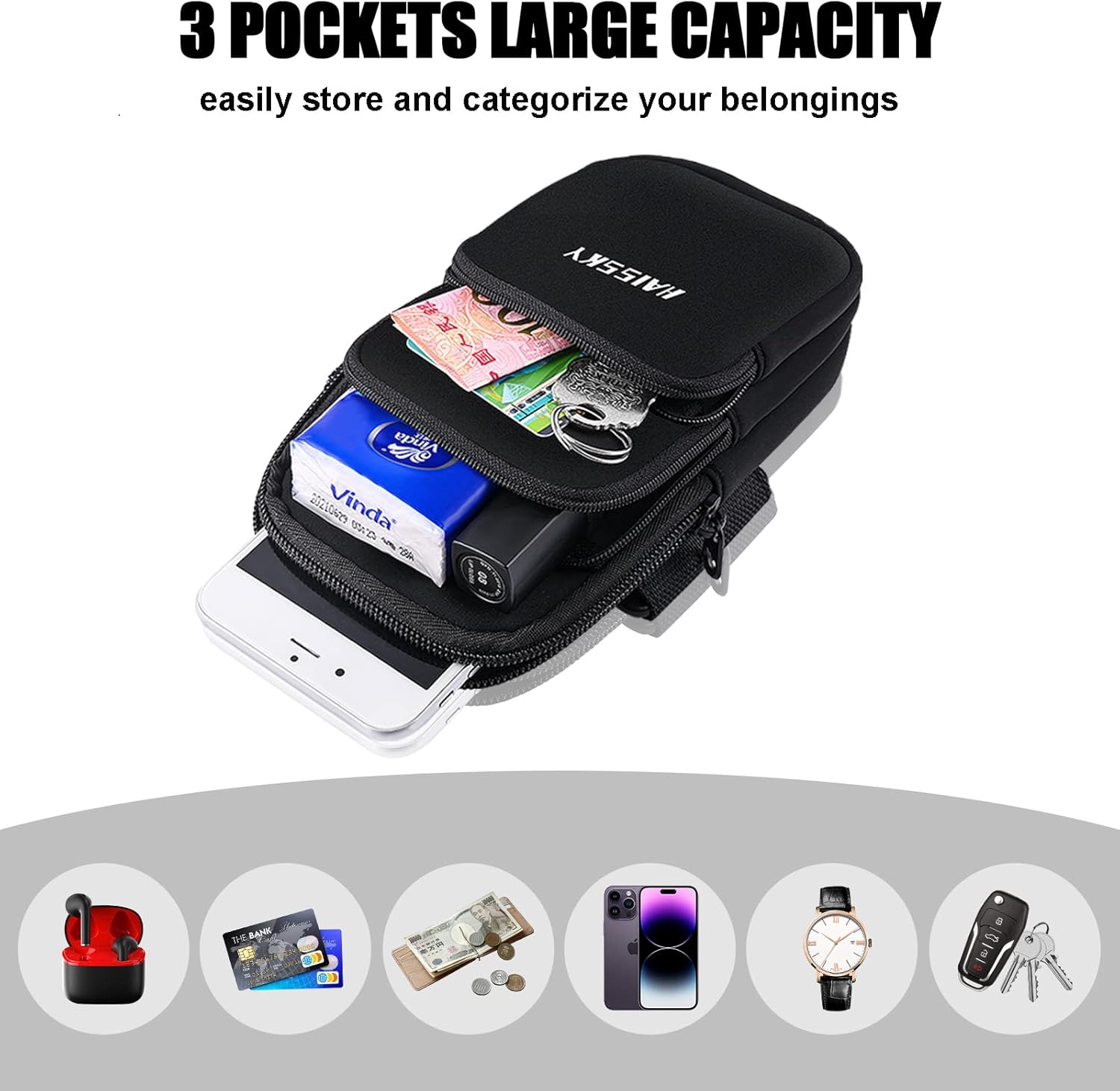 3 bolsillos para teléfono para correr para iPhone 15 14 Pro Max 13 Plus 12 11 XS XR X 8 7 Galaxy S23 bolsa para tarjetas de llaves, resistente al