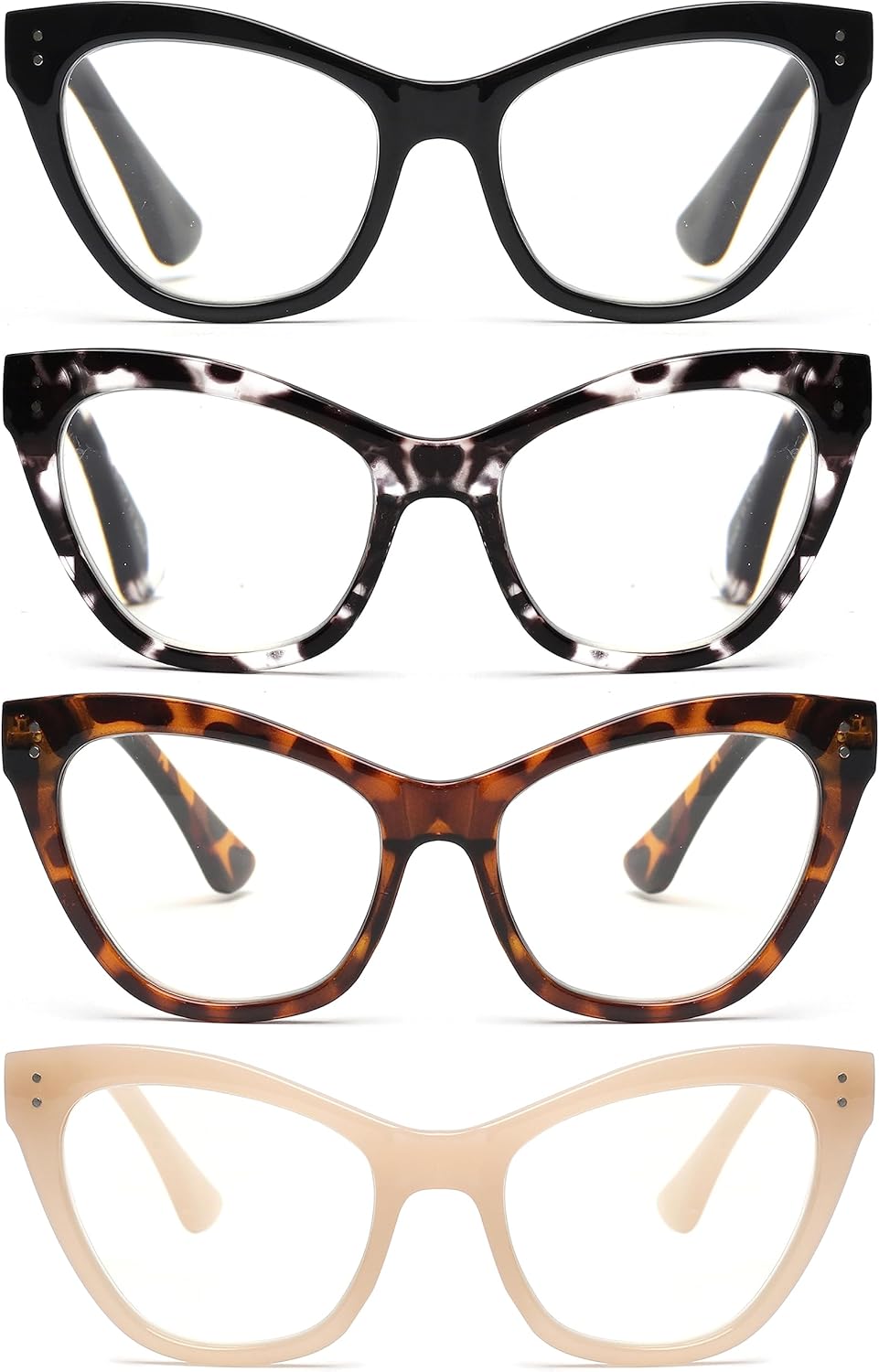 JM Paquete de 4 lentes de lectura Cateye con bloqueo de luz azul, lector de computadora para mujeres y hombres, bisagra de resorte