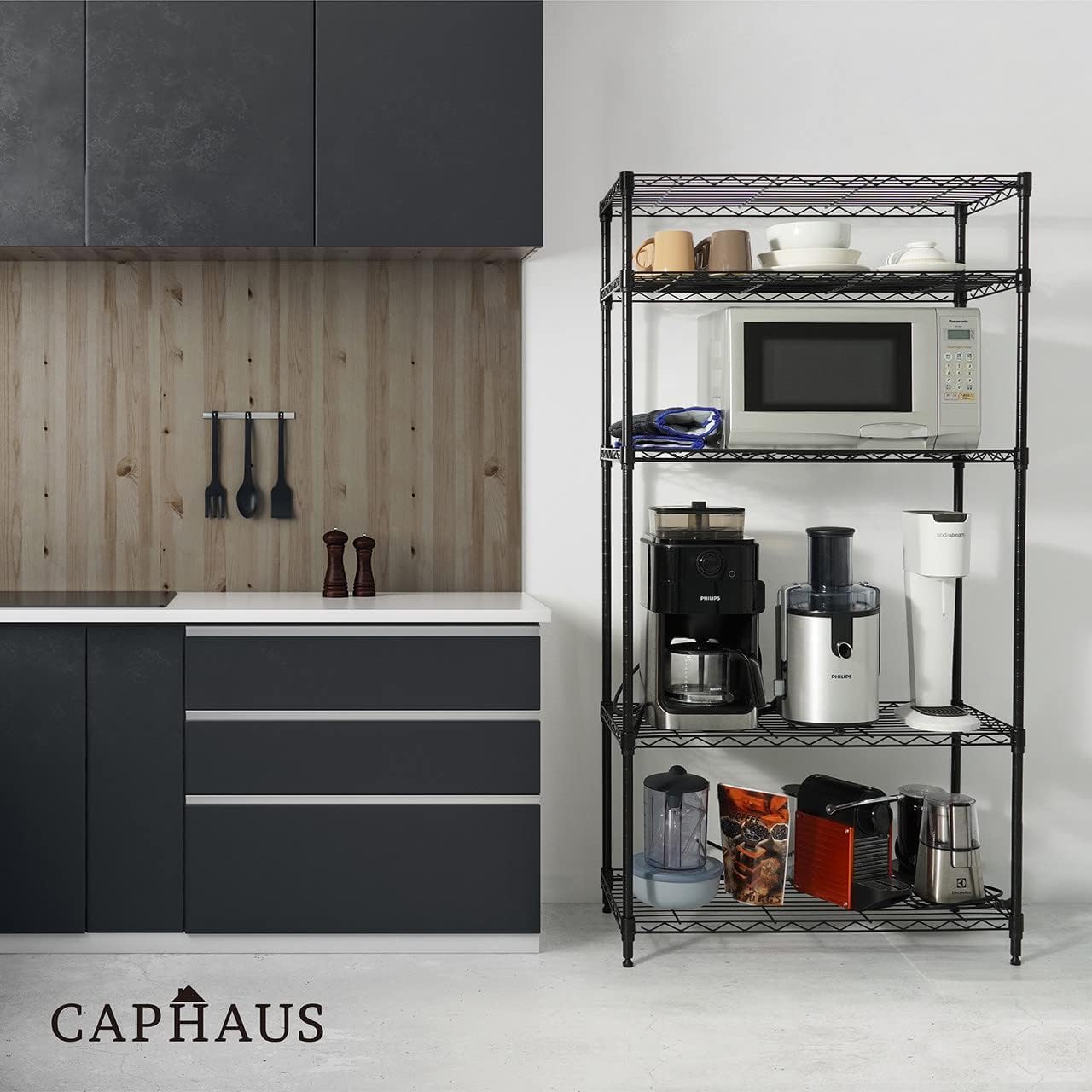 CAPHAUS NSF Estantería de alambre ajustable negra con forro, estantería de almacenamiento de sótano, estantes de almacenamiento de acero metálico,