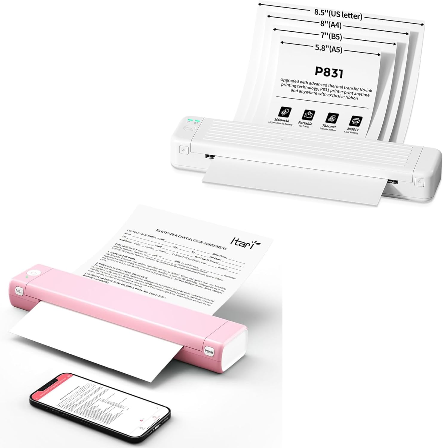 Itari Viaje inalámbrico de la impresora térmica portátil rosa M08F con la impresora térmica blanca de la transferencia P831