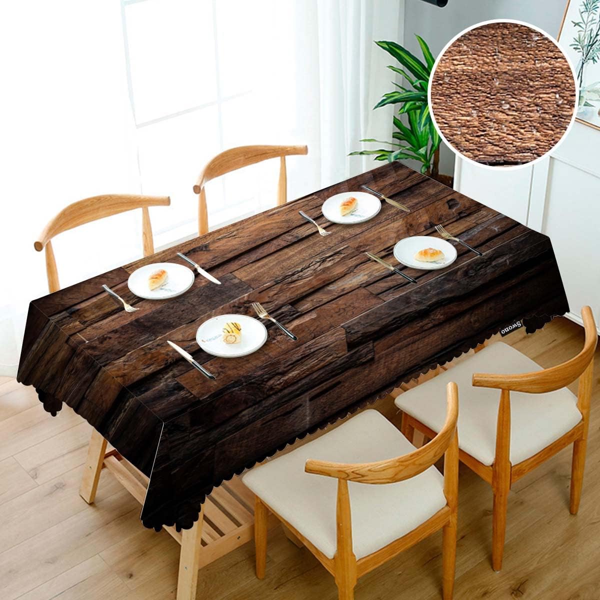 Swono Mantel rectangular de madera natural, vintage, de madera natural, mantel de pícnic, lavable, a cuadros, para cocina, cena de vacaciones,