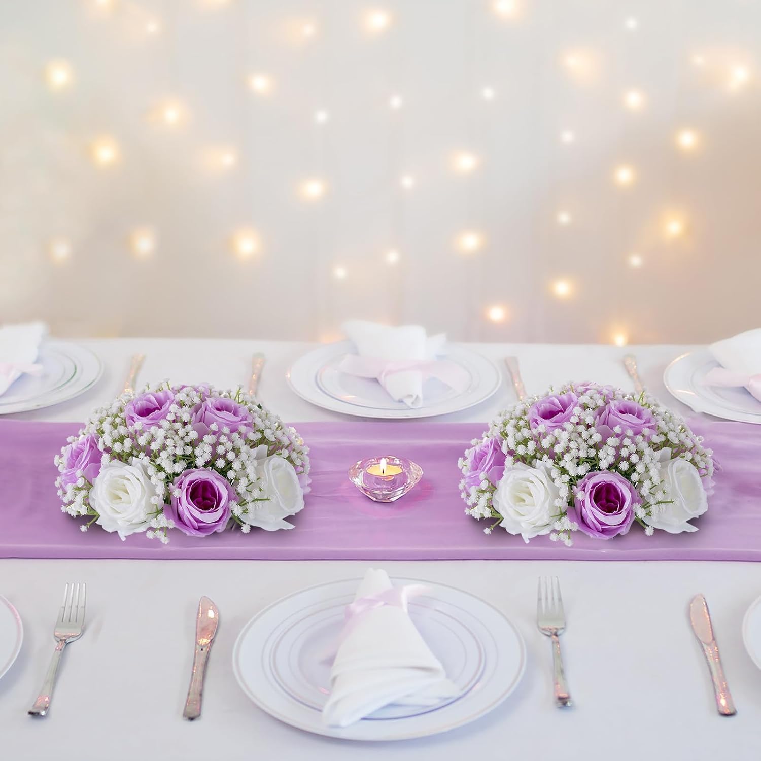 BLOSMON Bolas de flores falsas, centros de mesa de boda, 2 piezas de rosas lilas, aliento de bebé, flores artificiales, piezas centrales de