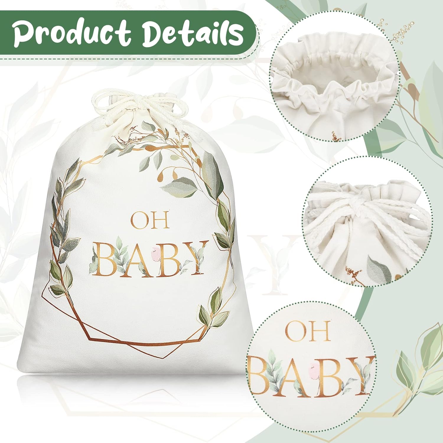 Tudomro 4 bolsas de regalo grandes con cordón para baby shower, bolsas de regalo de lona con estampado de vegetación, bolsas de regalo de