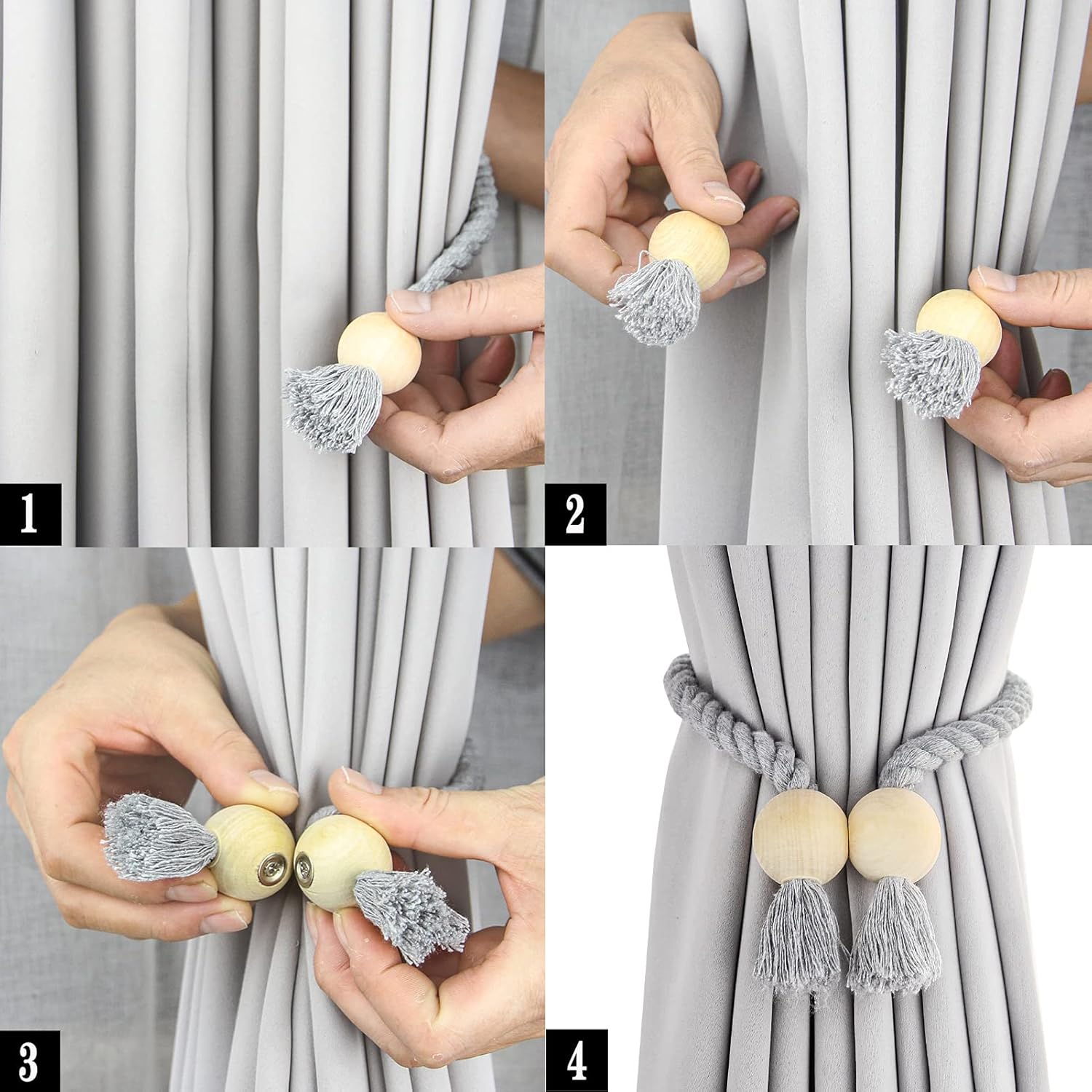 Paquete de 2 alzapaños magnéticos grises de algodón tejido a mano para cortinas con hebilla de madera, no requiere herramientas