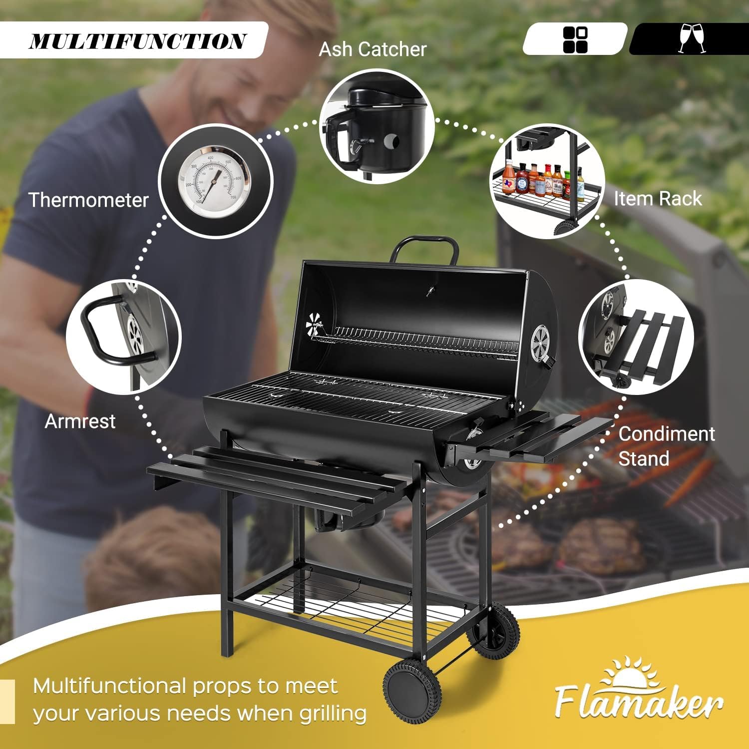 Flamaker Parrilla de carbón estilo barril barbacoa parrilla de carbón con tres estantes de artículos, termómetro de doble capa de hierro cromado