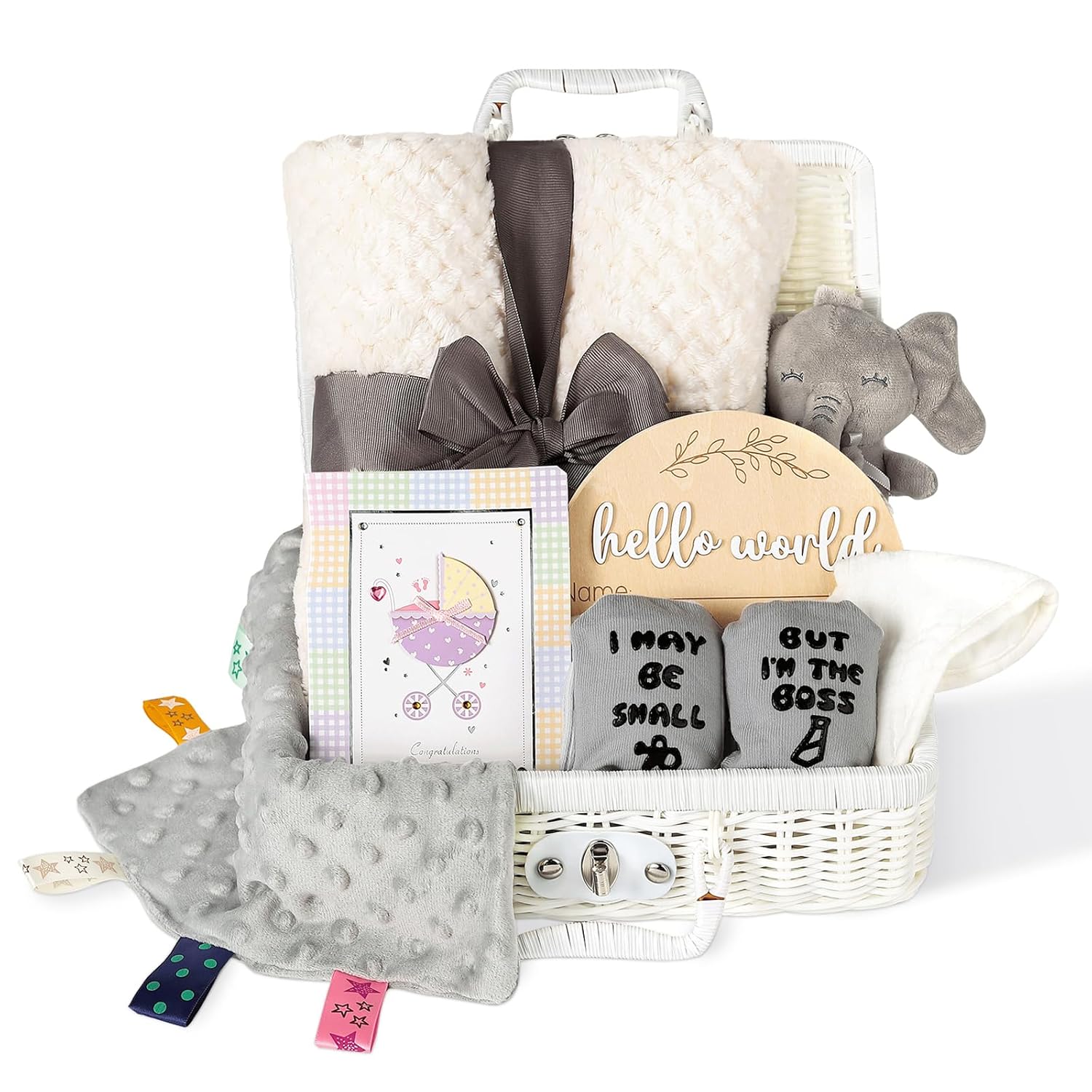 Regalos de baby shower, regalos de bebé recién nacido para niños, cesta de revelación de género, incluye manta de bebé, juguete de sonajero de