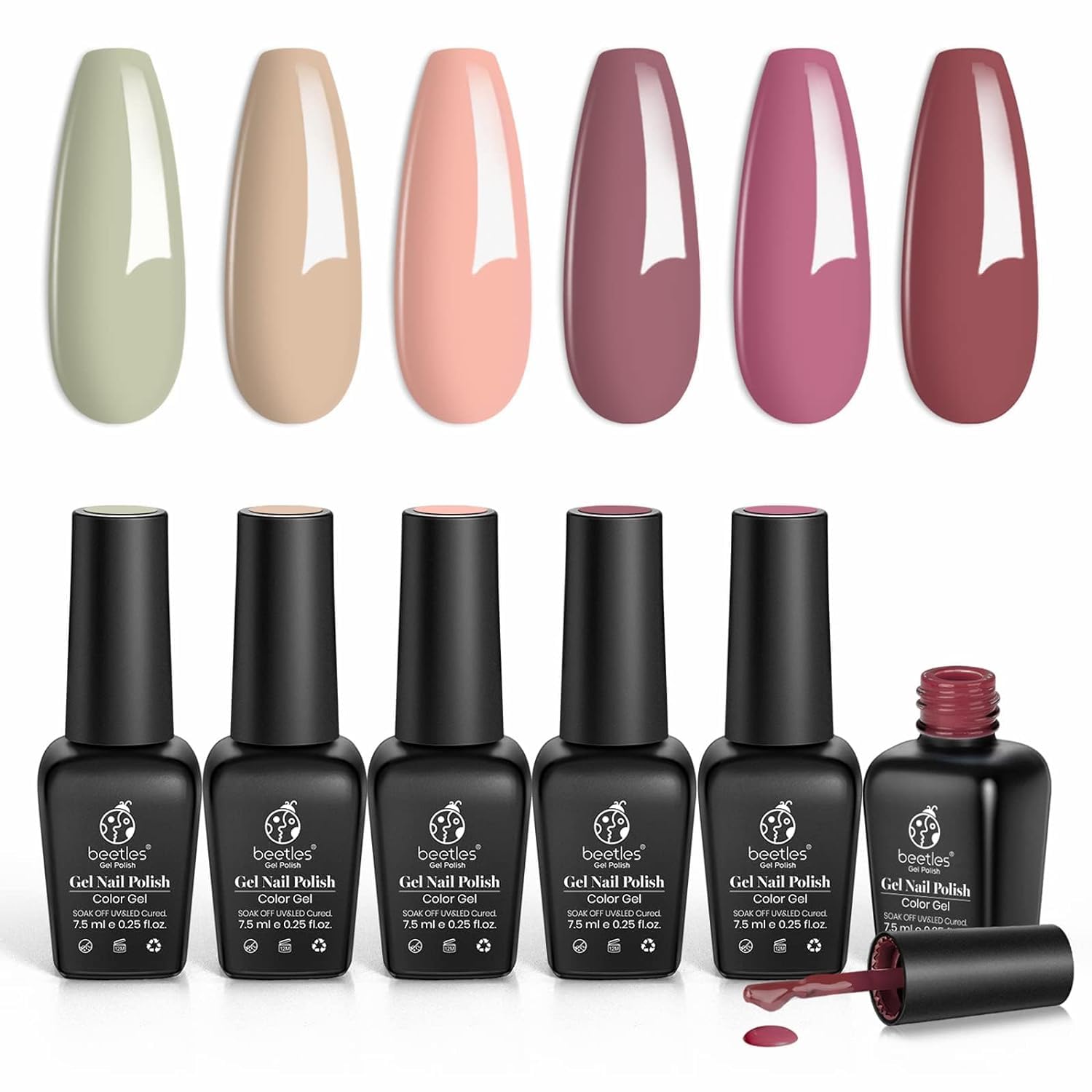 Beetles – Kit de esmaltes en gel para LED y quitar por remojo, 6 colores de la colección Fall in Love, nude, rosado, morado y verde claro manicura