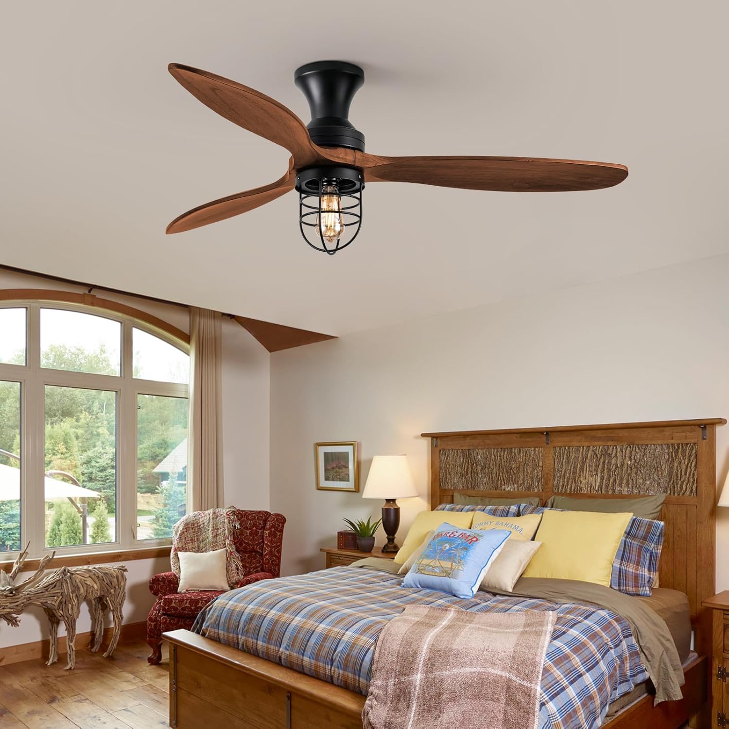 Ventilador de techo de perfil bajo de 52 pulgadas con luces, moderno ventilador de techo de dormitorio con control remoto de 3 aspas de madera,
