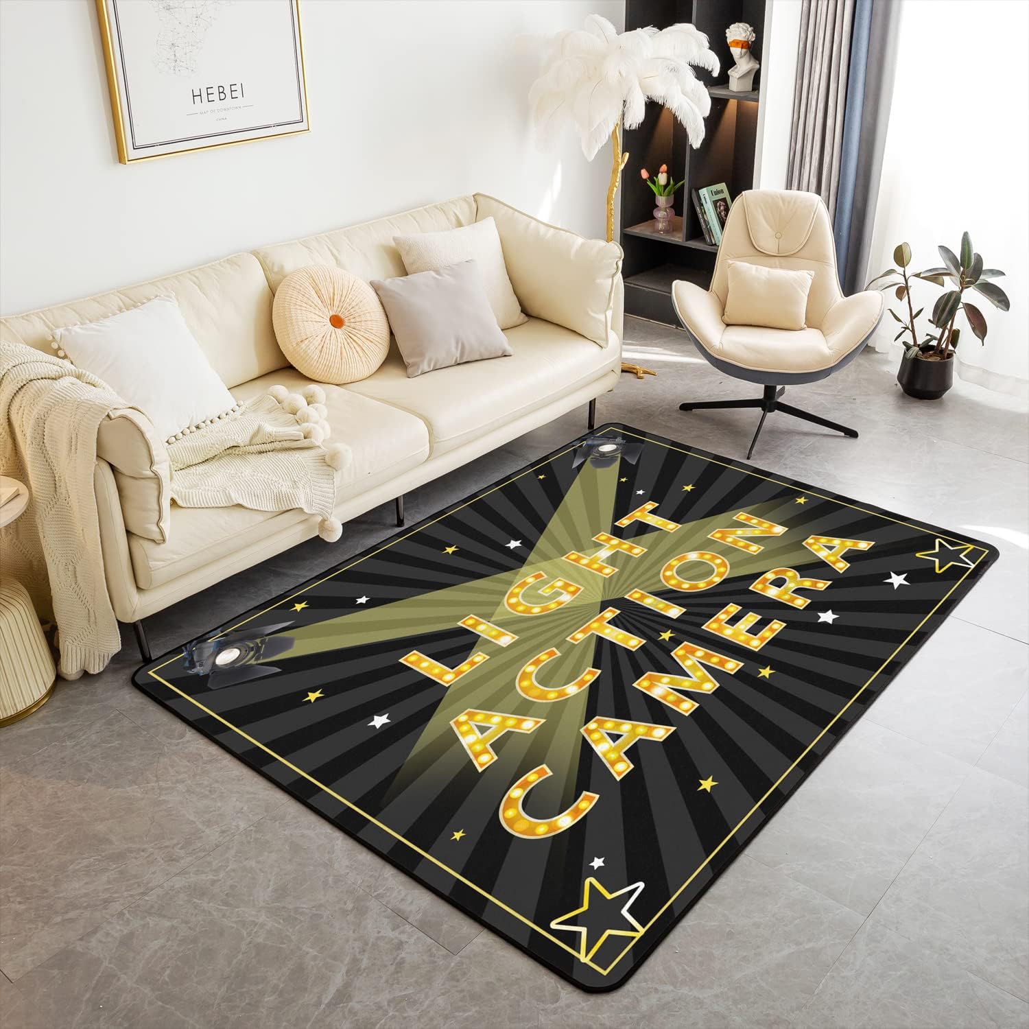 Alfombra vintage de cine, para sala de cine, para interiores, sala de estar, alfombra de área negra dorada, 5 x 7 pies