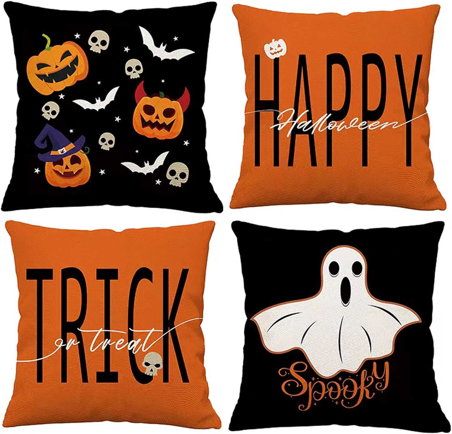 BOFKYIC Juego de 4 fundas de almohada de 18 x 18 pulgadas con texto en inglés Happy Halloween con texto en inglés Truco o trato con diseño de