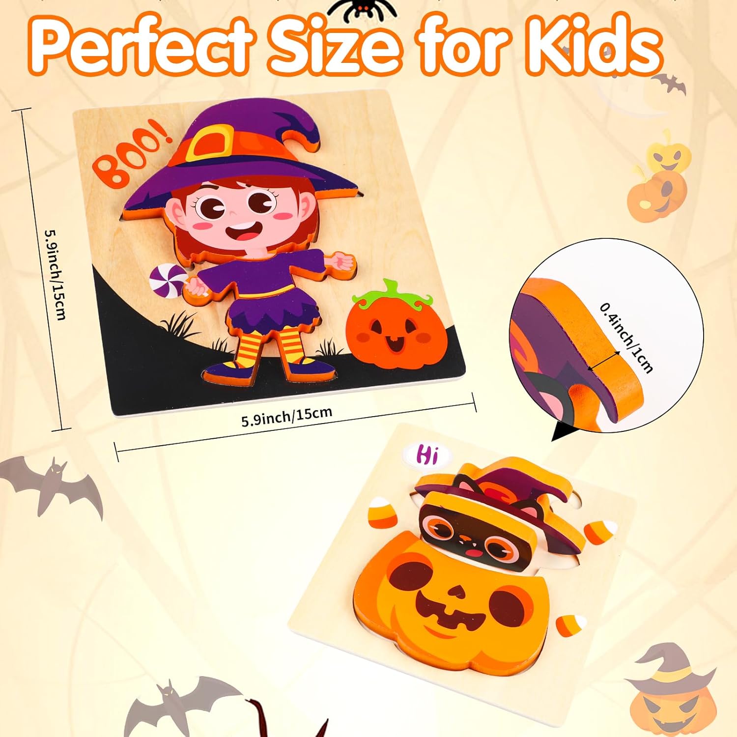 Rompecabezas de madera de Halloween para niños pequeños, paquete de 4 rompecabezas de madera de bruja fantasma calabaza para niños, relleno de