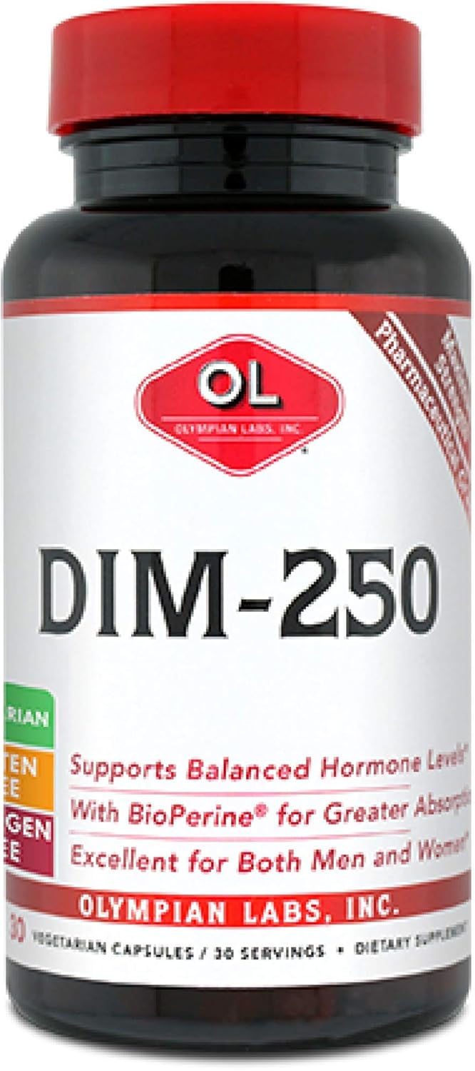 Olympian Labs DIM Suplemento 250mg – DIM Diindolylmetano Plus BioPerine 30 Cápsulas Suministro de DIM para equilibrio de estrógenos, alivio de la