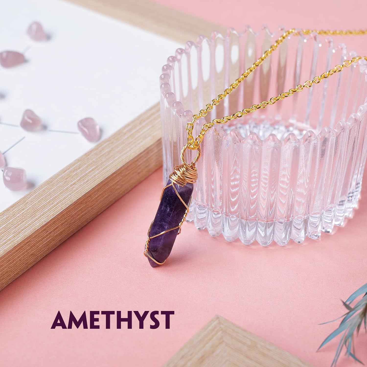 Collar de cristal natural de doble punta hecho a mano tejido curativo con bala de cristal curativo pulido piedra de energía Reiki con caja de regalo