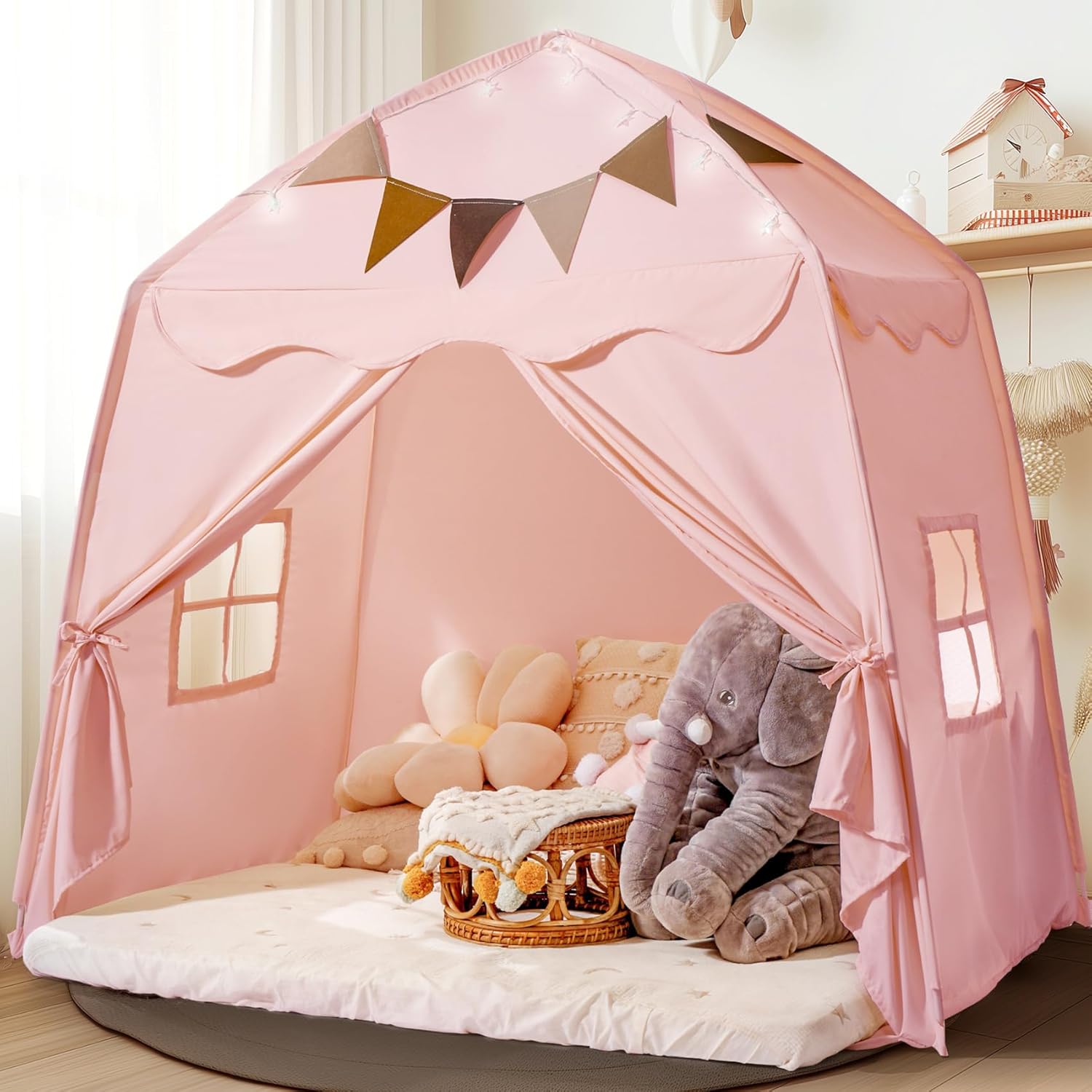Tienda de campaña extragrande para niños con banderas y luces de estrella, tipi portátil y plegable, toldo de cama para niños y niñas, tienda de