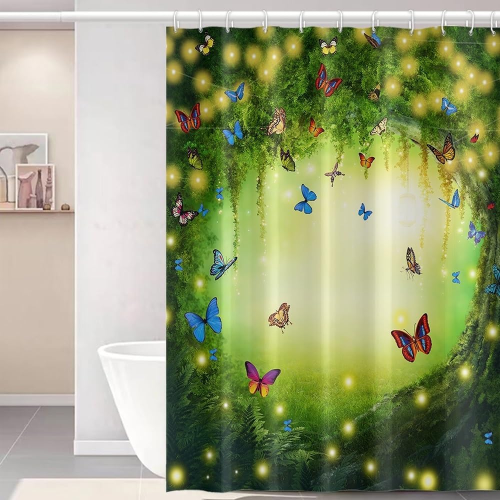 Uiiooazy Cortina de ducha de primavera para baño, diseño de mariposas azules, sol, juego de cortina de tela impermeable para bañera, hojas de árbol