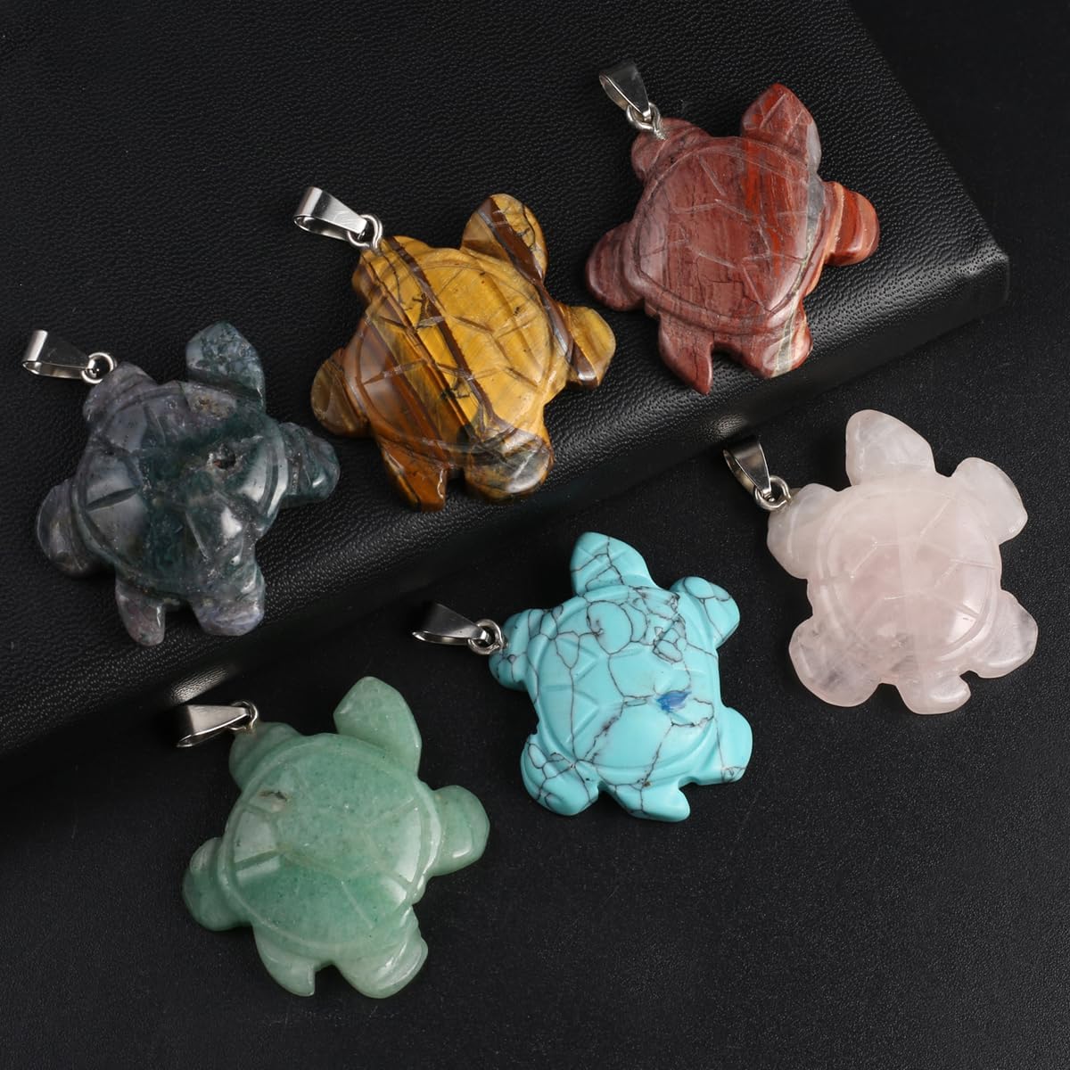 4 dijes de piedra natural, cuarzo rosa, unakita, tortuga en forma de abalorio, para hacer joyas, accesorios de bricolaje, para collares (colores