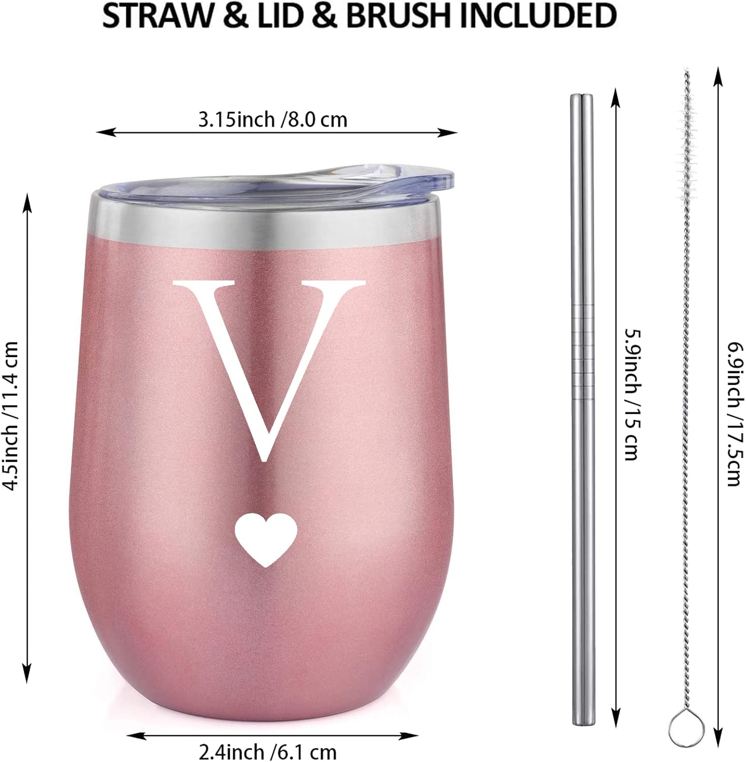 Regalos iniciales personalizados, vaso de vino de acero inoxidable de 12 onzas con cepillo para pajilla, taza insultada de oro rosa, regalo de boda,