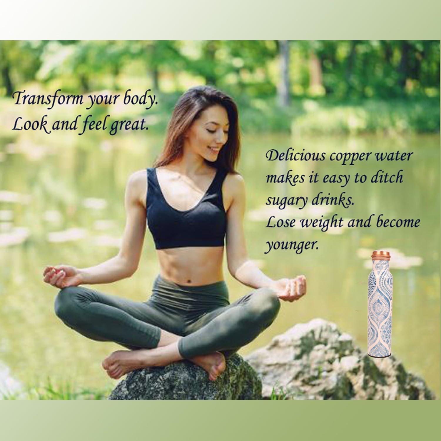 Botella de agua de cobre puro  Hecho a mano  Beneficios para la salud Ayurveda  Grande 35 oz  A prueba de fugas  Fácil de llevar para deportes,