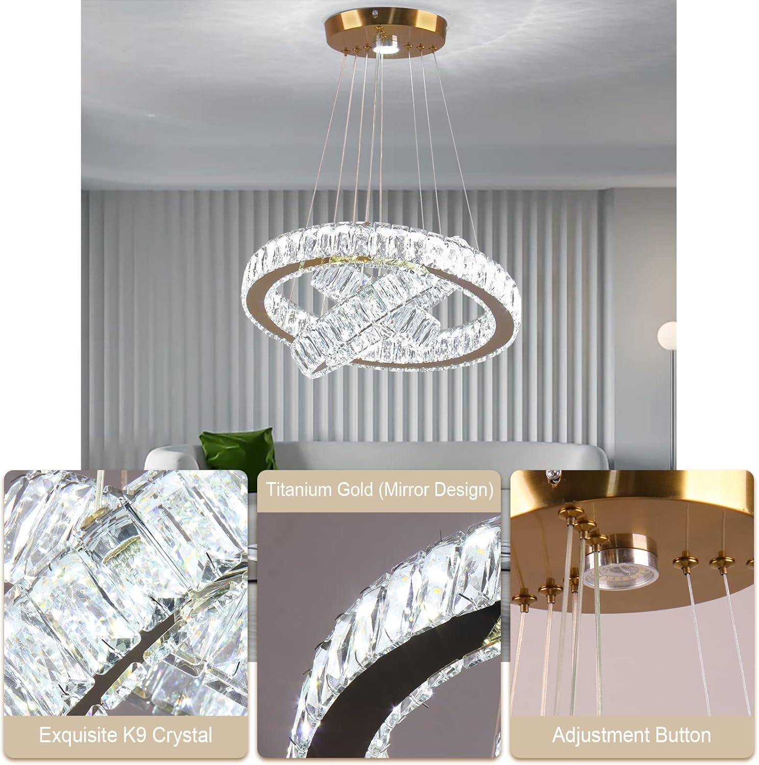 Candelabro moderno de 3 anillos de oro con lámpara colgante LED de cristal para comedor, dormitorio, sala de estar, vestíbulo (blanco frío)