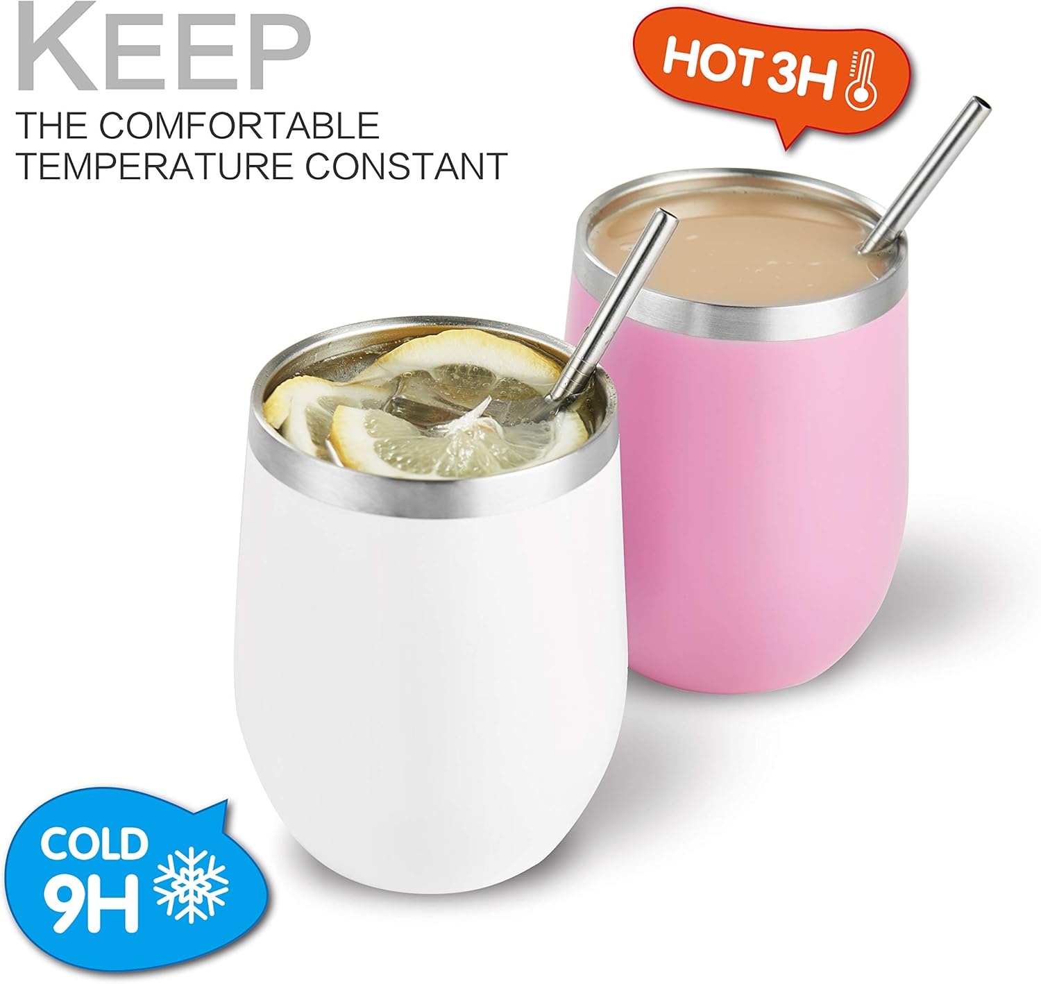 HITSLAM Vaso de vino taza de café vaso aislado de viaje de 12 onzas con tapa y pajita, acero inoxidable al vacío de doble pared, regalo para