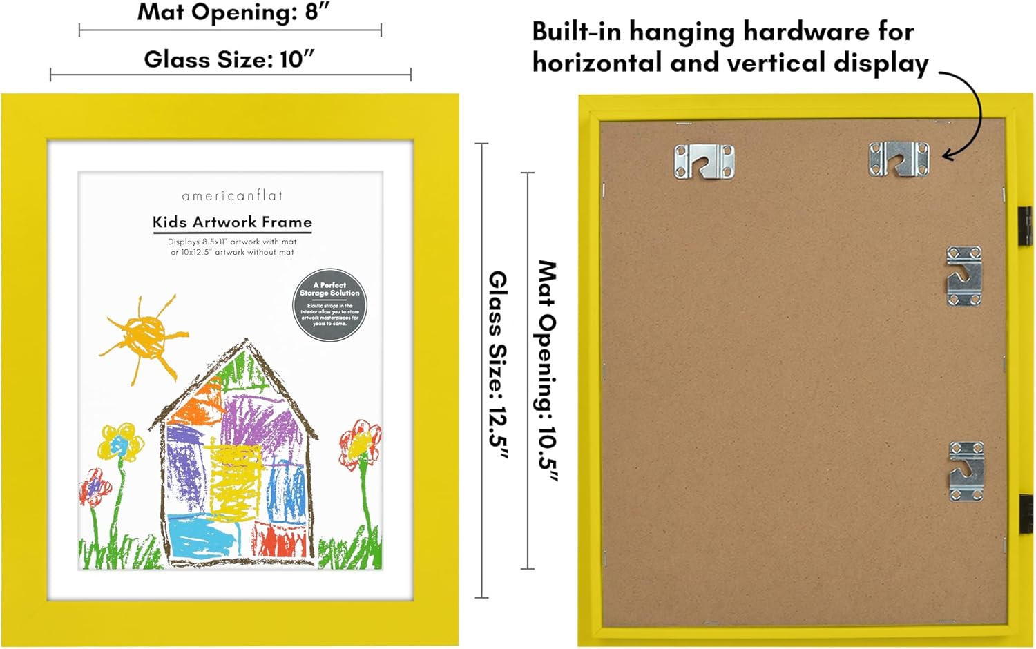 Americanflat Marco para obras de arte infantiles, carga frontal, amarillo sol, 8.5 x 11 pulgadas con paspartú o 10 x 12.5 sin él, formato de