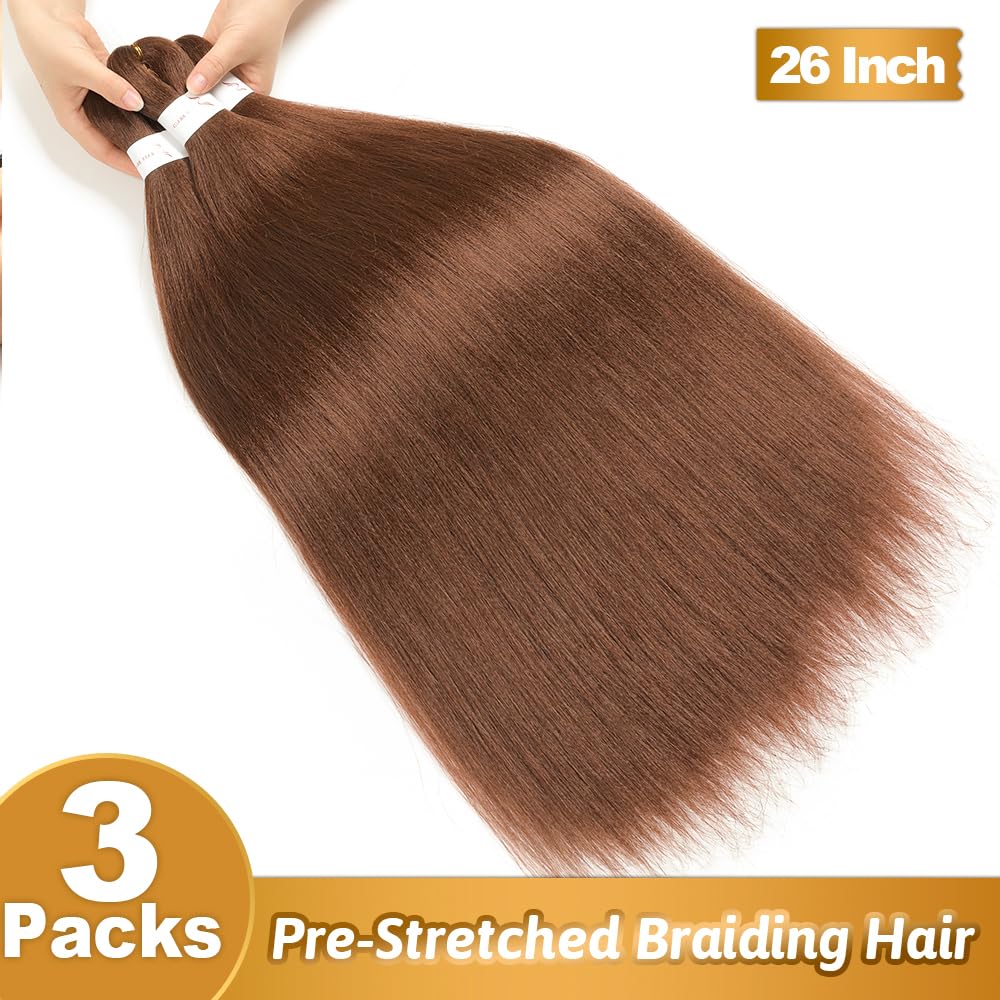 Umylar Extensiones de cabello trenzado marrón de 26 pulgadas, cabello trenzado preestirado, trenzas Yaki, cabello sintético con ajuste de agua