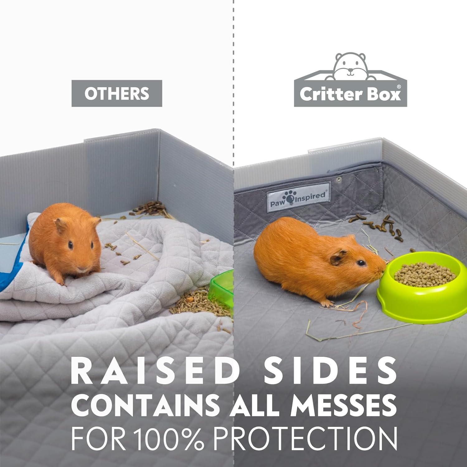 Paw Inspired Critter Box – Forro de jaula lavable, ropa de cama reversible de forro polar con lados elevados para conejillos de indias y otros