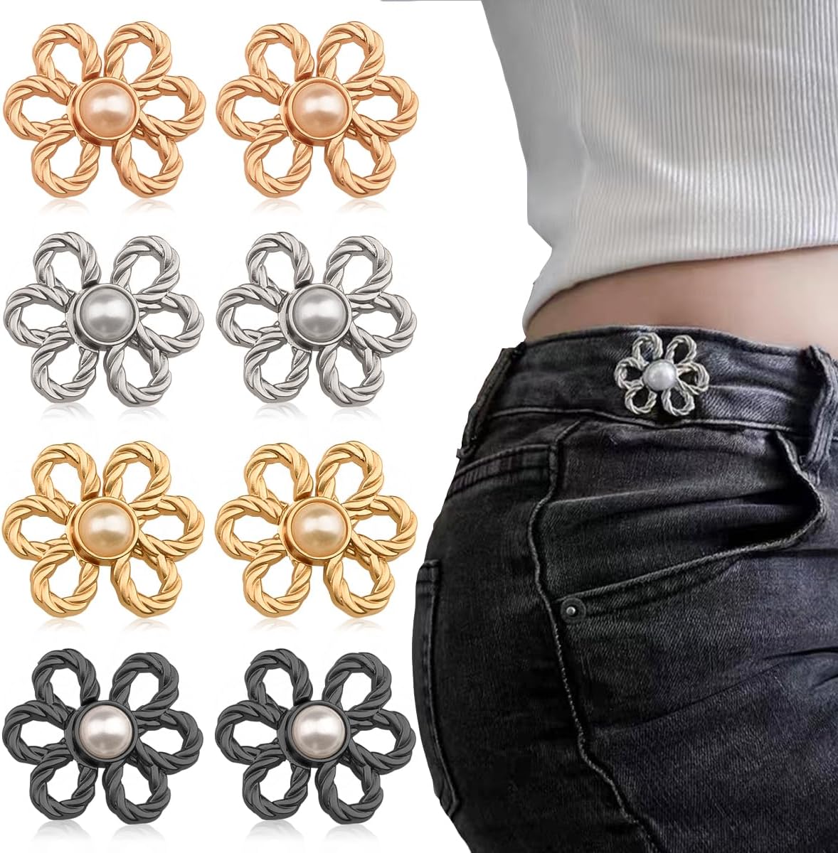 8 juegos de pantalones de mezclilla con botones y cintura ajustable, sin coser y sin herramientas, hebillas decorativas desmontables para la