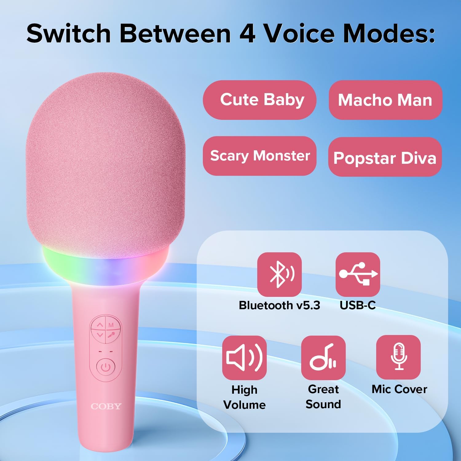 Coby Micrófono LED de karaoke  5 modos de luz súper divertidos  4 modos divertidos de cambio de voz  Modo inalámbrico verdadero para dúos  Micrófono