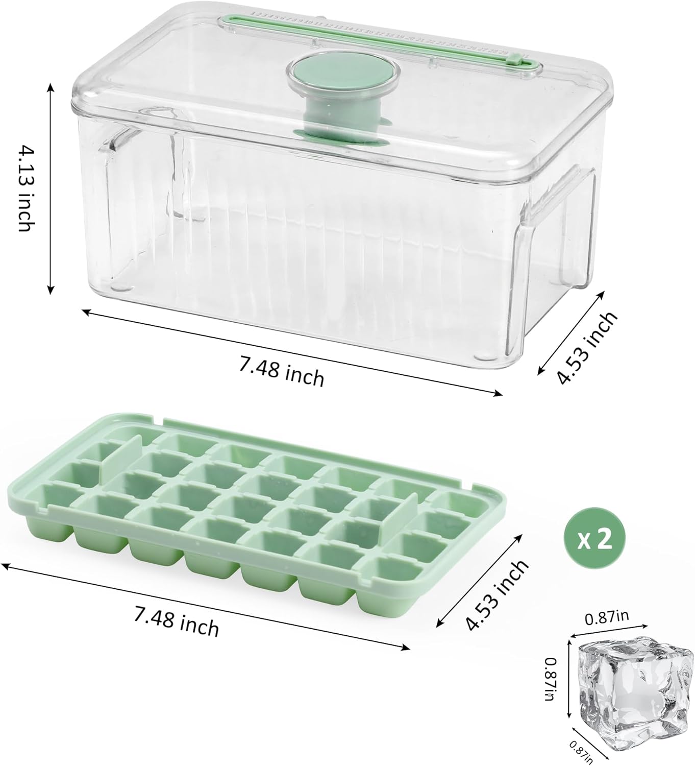Elueey Bandeja para cubitos de hielo con tapa y contenedor, paquete de 2 bandejas de hielo de silicona para congelador, 56 moldes para cubitos de