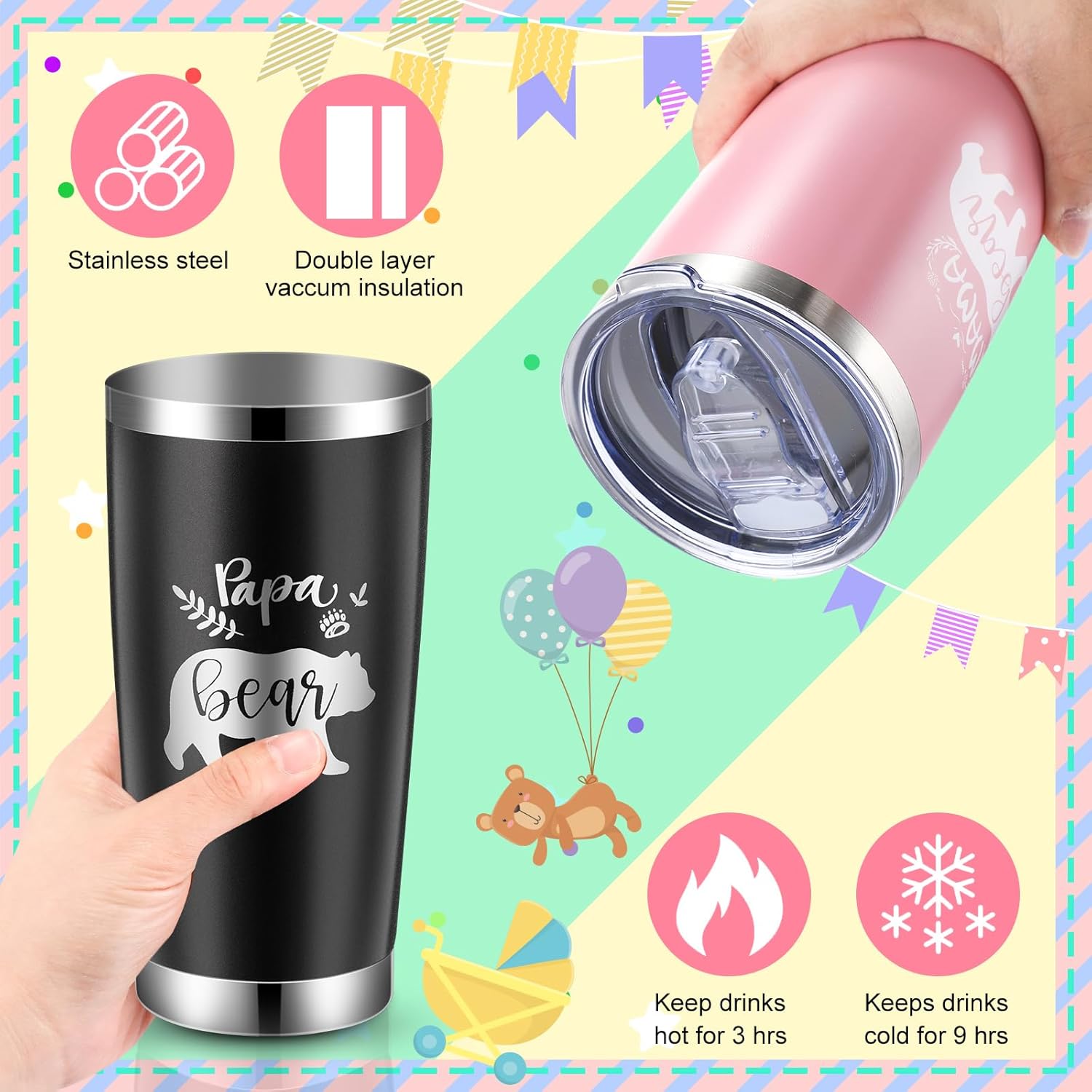 Ziliny Juego de 2 vasos con aislamiento de acero inoxidable de 20 onzas con tapa para pajitas, regalos para papá, mamá, pareja, papá, mamá,