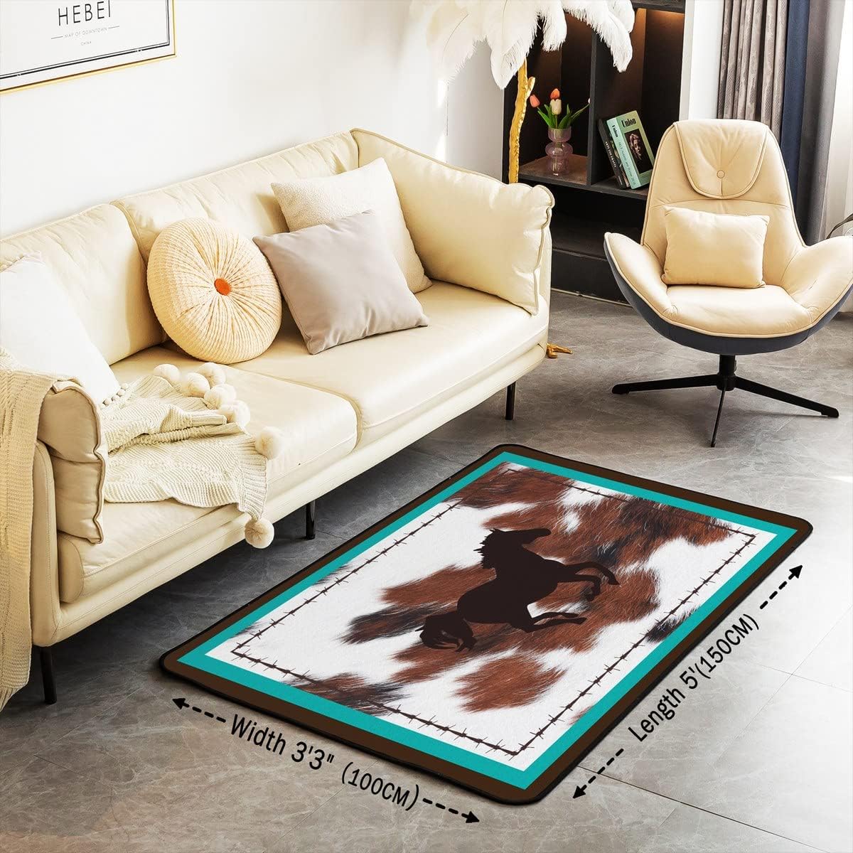 Alfombra de caballo de 5 x 7 pulgadas, alfombra de piel de vaca con estampado de granja occidental para sala de estar, dormitorio, color verde