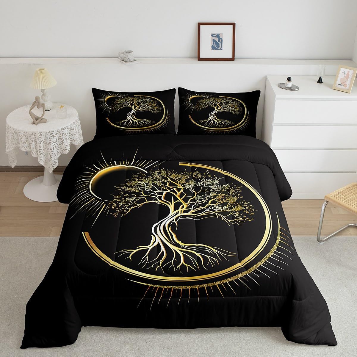 Castle Fairy Juego de edredón de sol y luna, tamaño Queen, juego de ropa de cama de 3 piezas para niños, adolescentes y niños, decoración de
